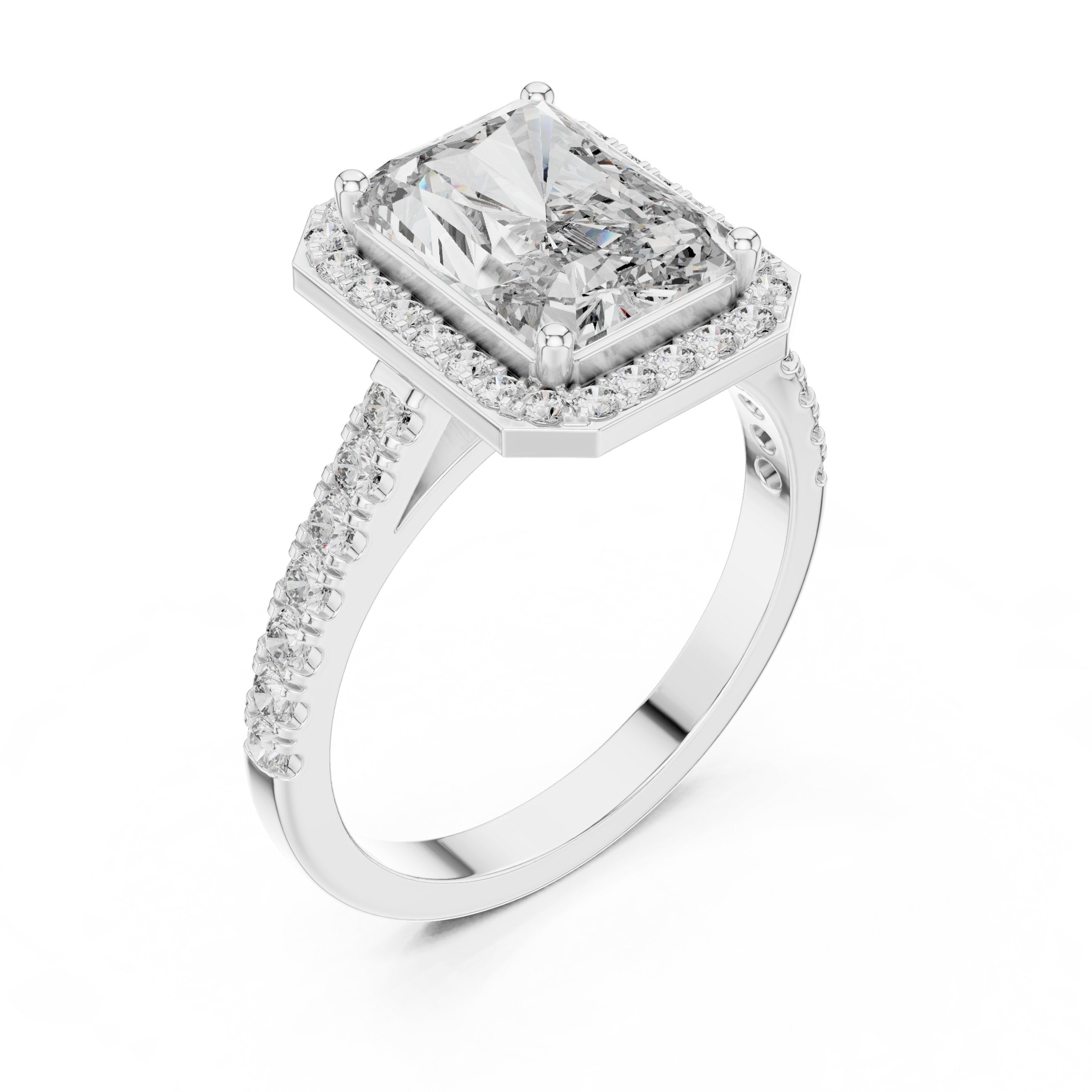 Radiant Cut Halo Engagement Ring with Pavé Band in White Gold - VYKA Diamonds