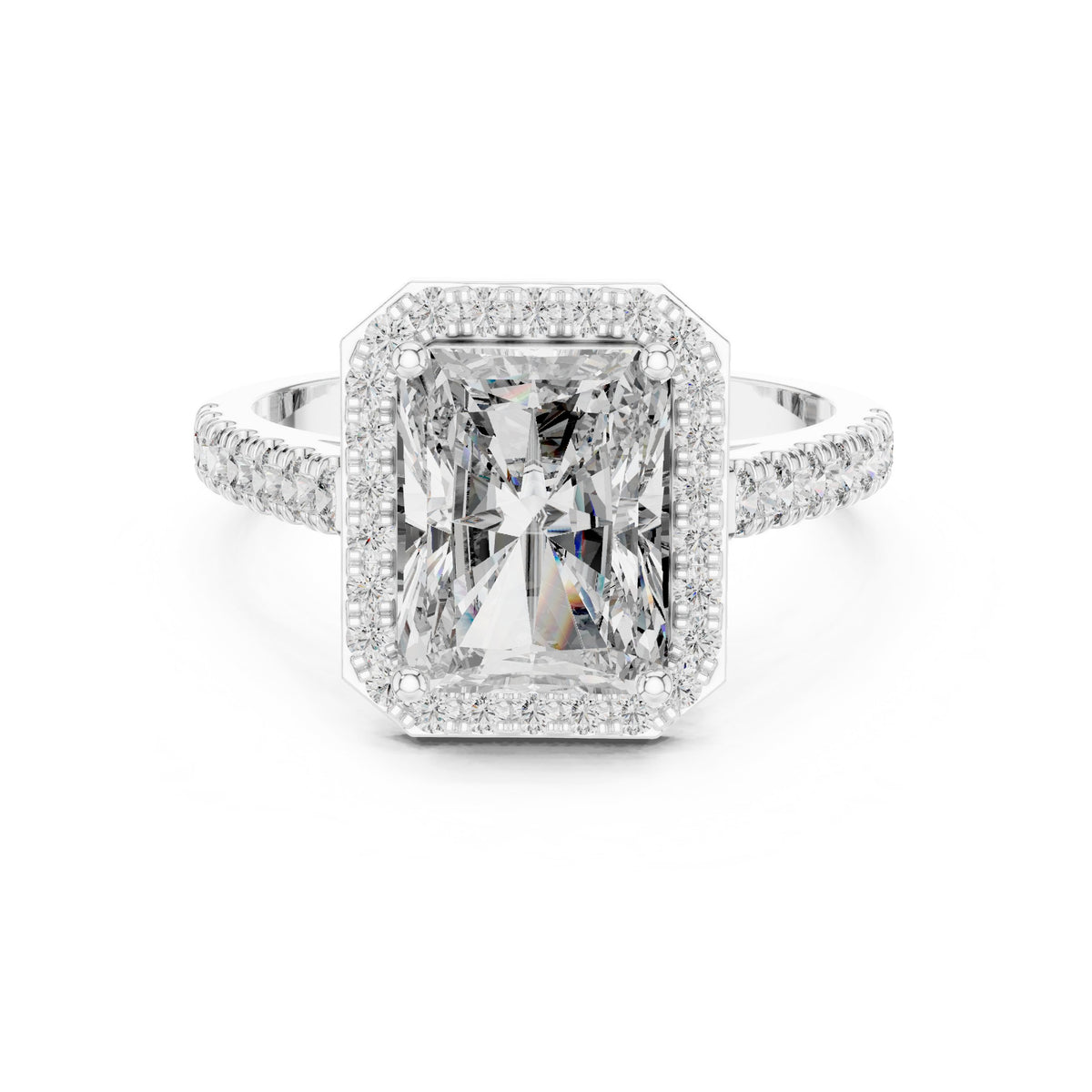 Radiant Cut Halo Engagement Ring with Pavé Band