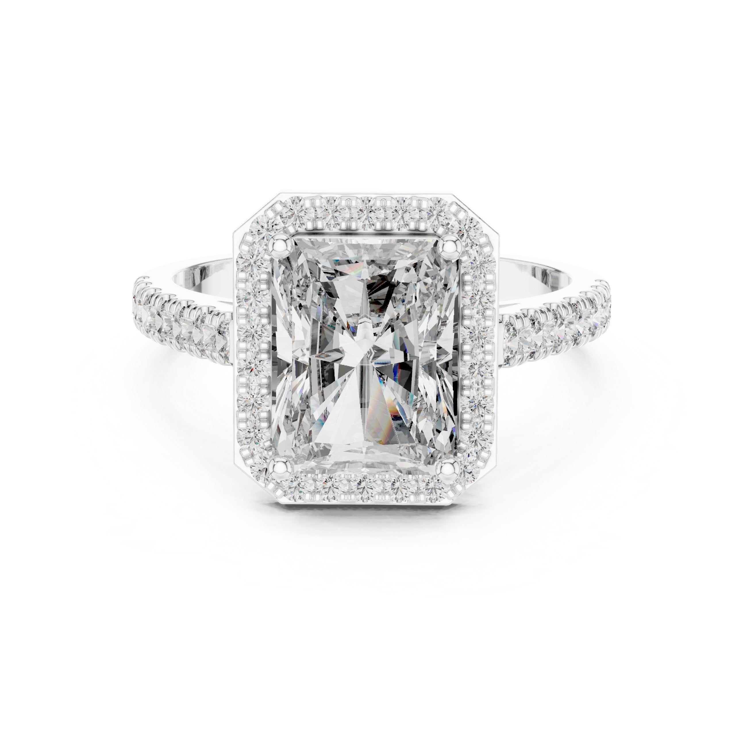 Radiant Cut Halo Engagement Ring with Pavé Band in White Gold - VYKA Diamonds