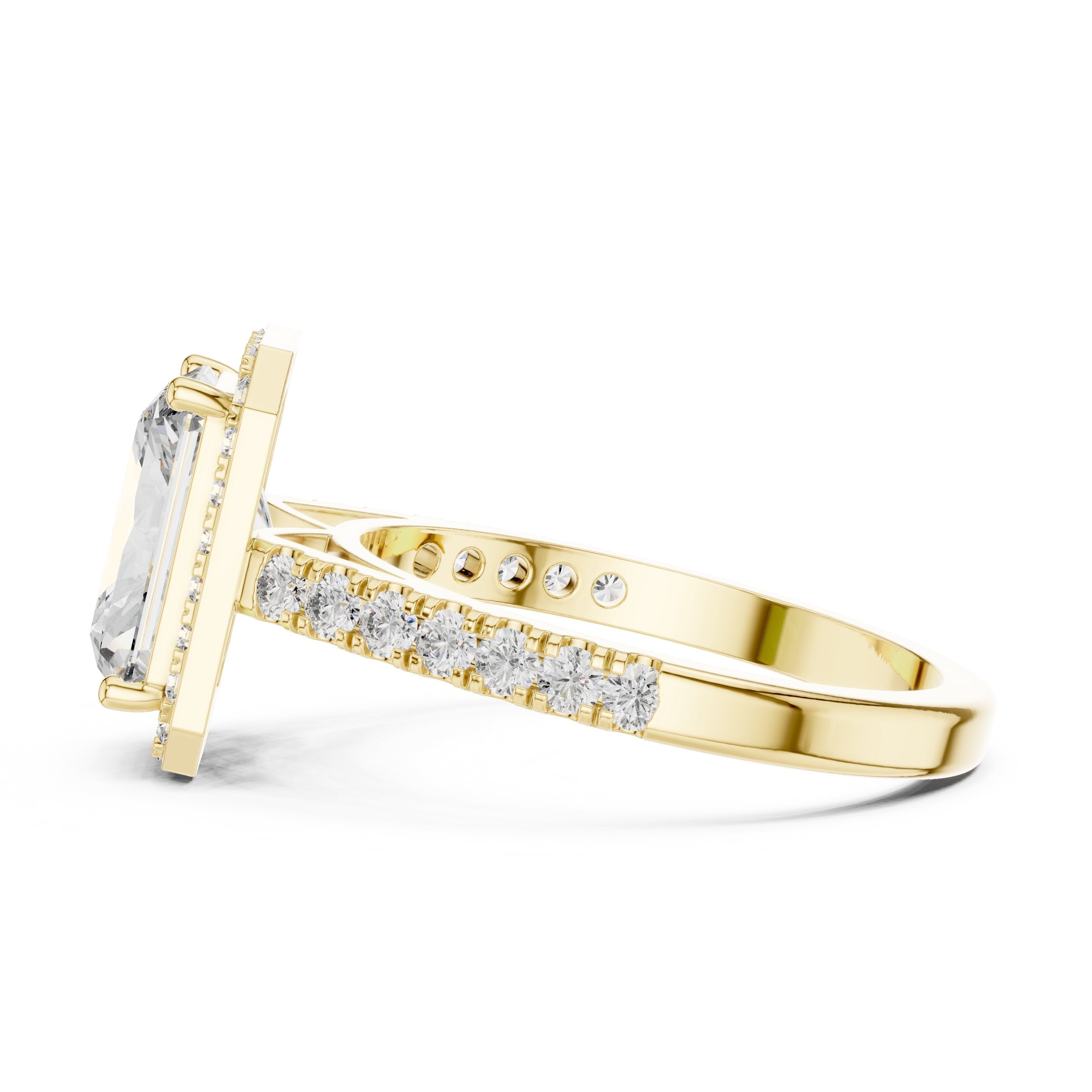 Radiant Cut Halo Engagement Ring with Pavé Band in Yellow Gold - VYKA Diamonds