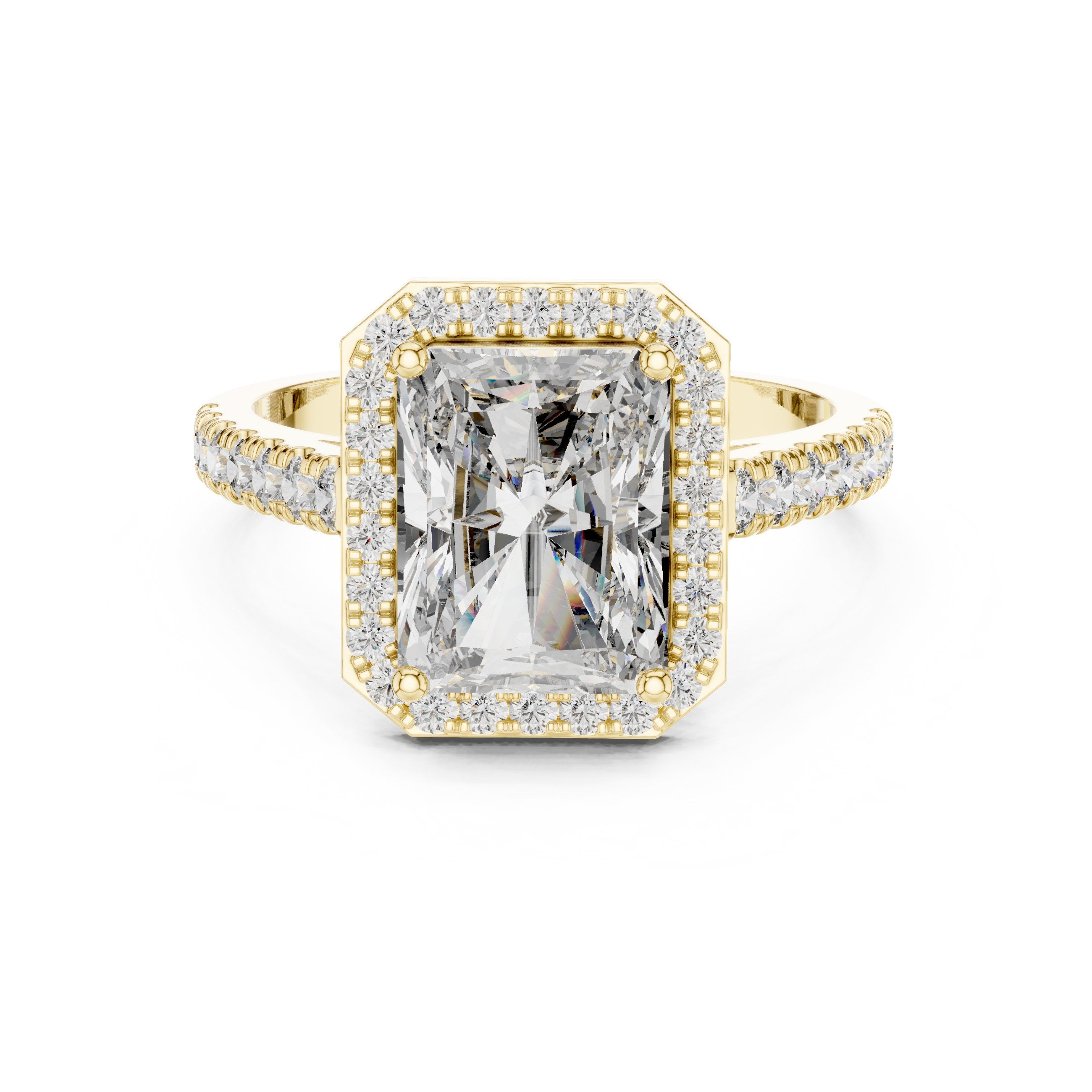 Radiant Cut Halo Engagement Ring with Pavé Band in Yellow Gold - VYKA Diamonds
