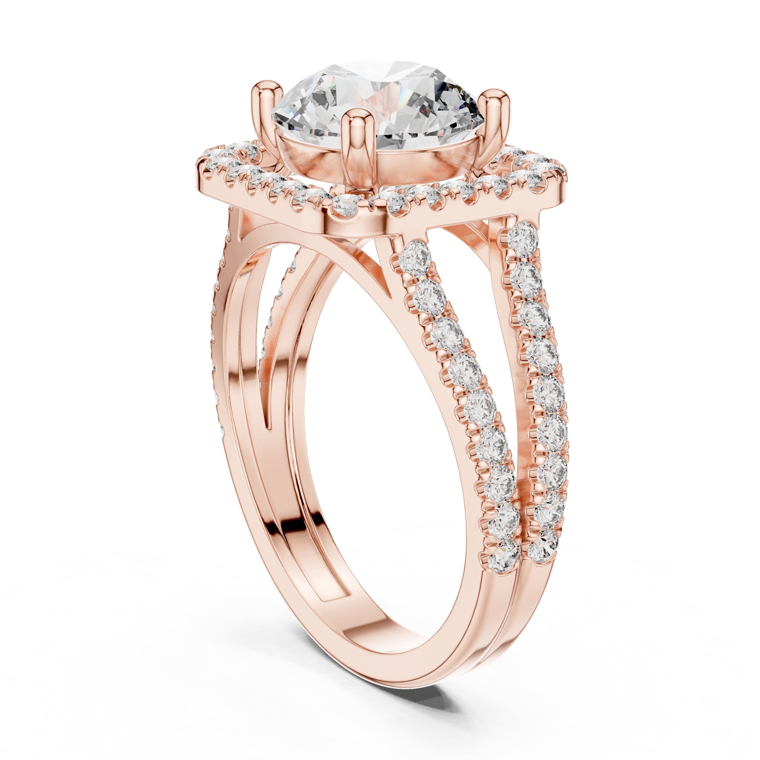 Round Diamond Cushion Halo Engagement Ring with Split Shank Pavé Wrap in Rose Gold - VYKA Diamonds
