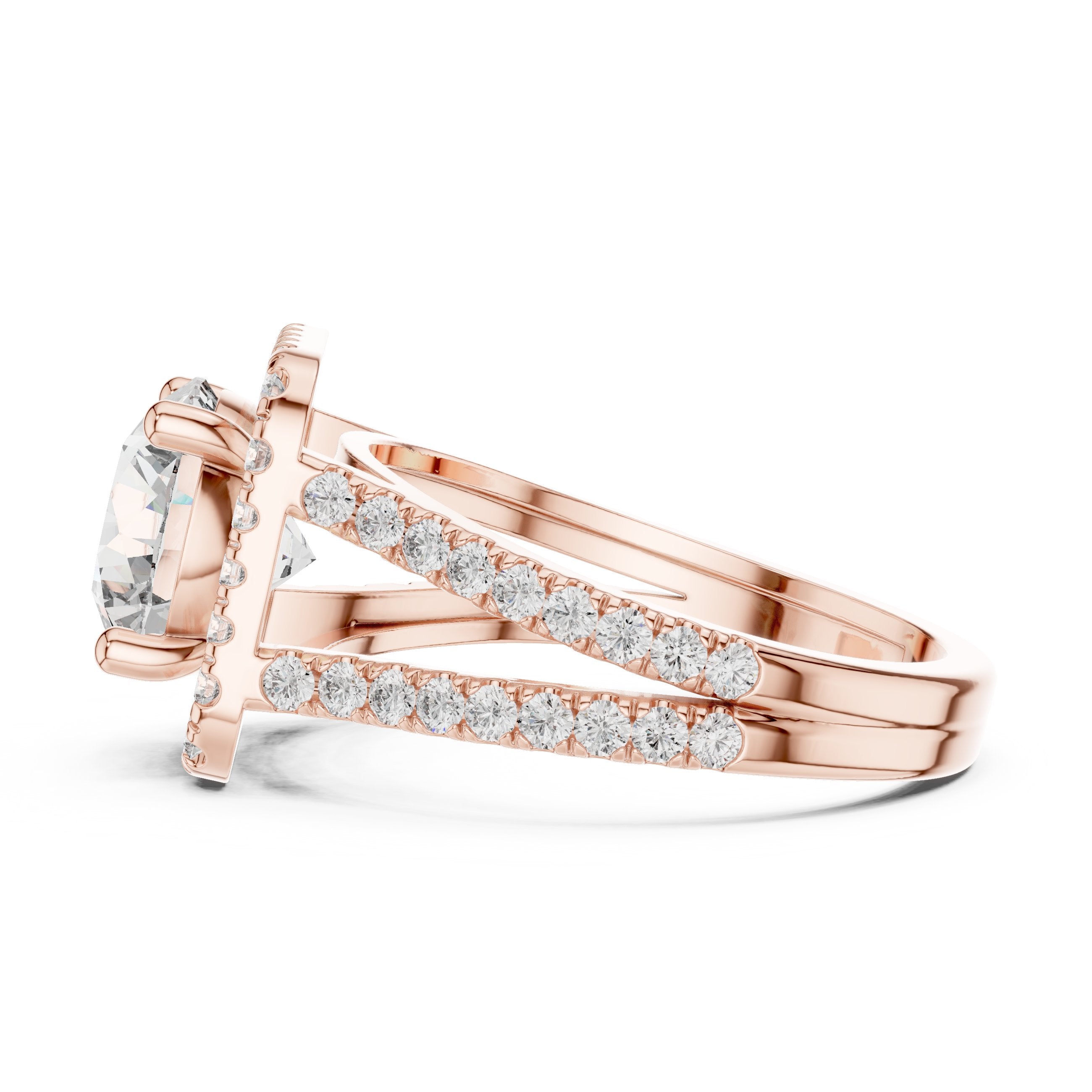 Round Diamond Cushion Halo Engagement Ring with Split Shank Pavé Wrap in Rose Gold - VYKA Diamonds