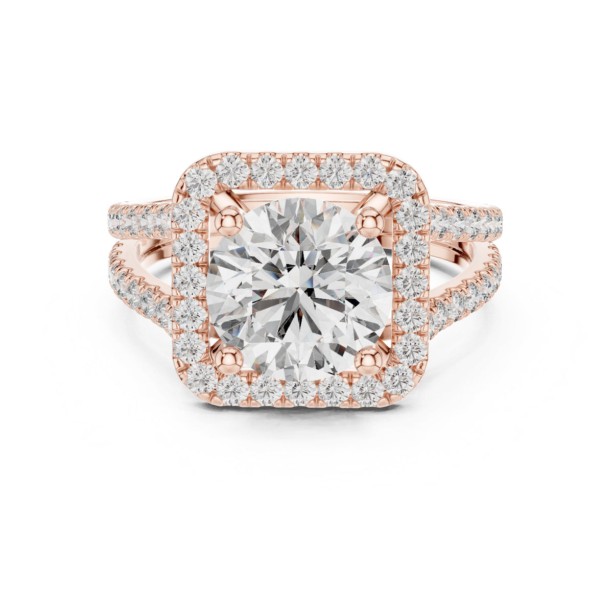 Round Diamond Cushion Halo Engagement Ring with Split Shank Pavé Wrap