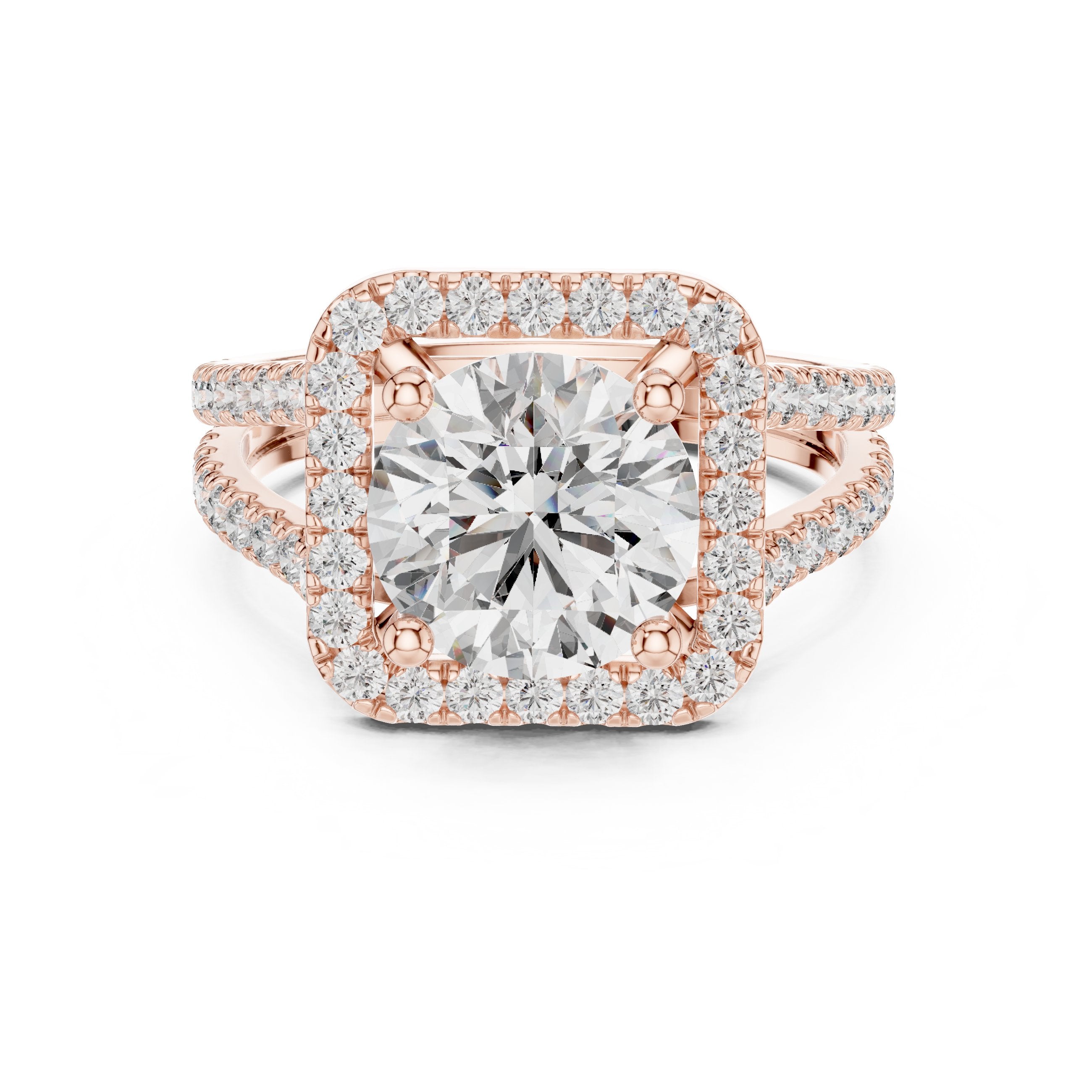 Round Diamond Cushion Halo Engagement Ring with Split Shank Pavé Wrap in Rose Gold - VYKA Diamonds
