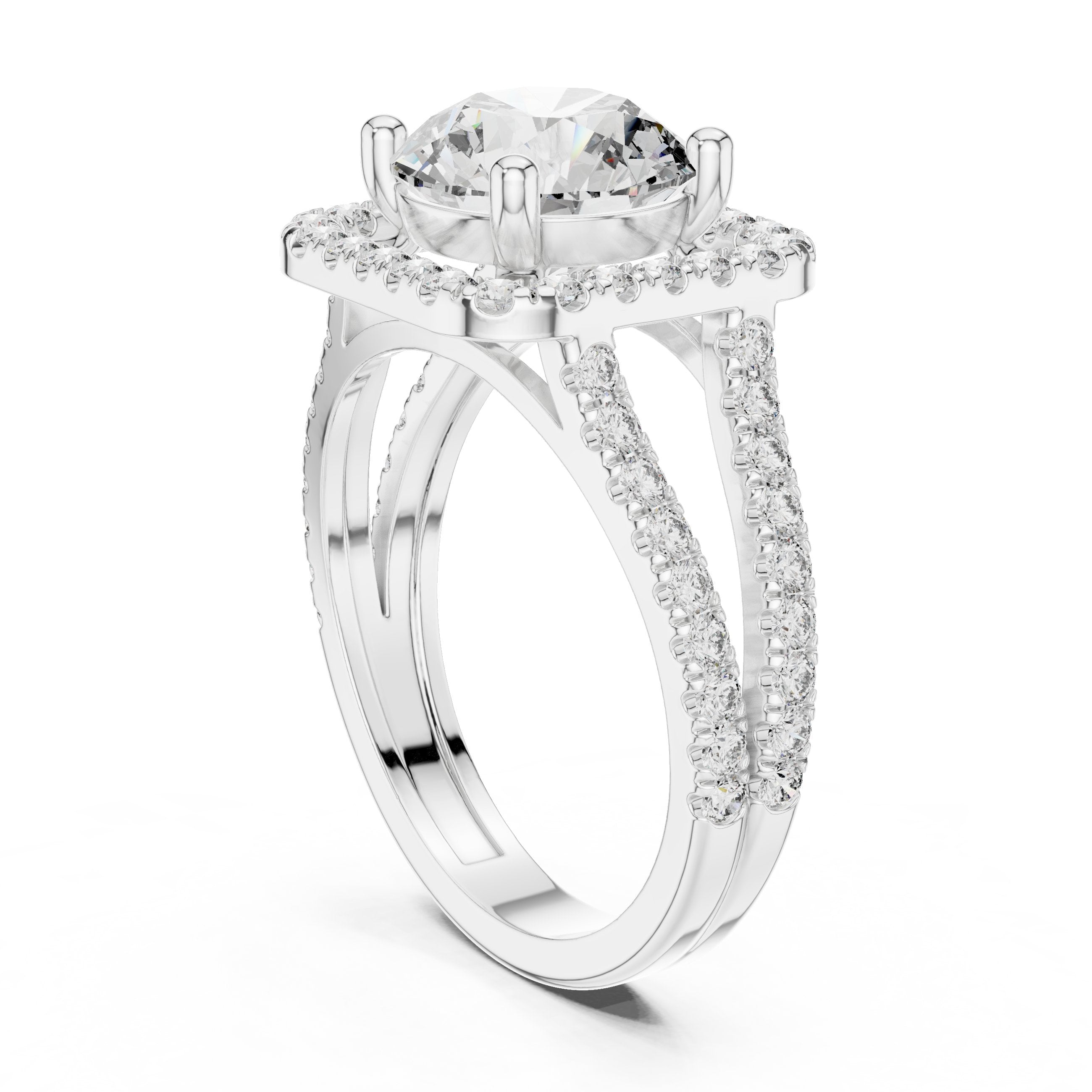 Round Diamond Cushion Halo Engagement Ring with Split Shank Pavé Wrap in White Gold - VYKA Diamonds