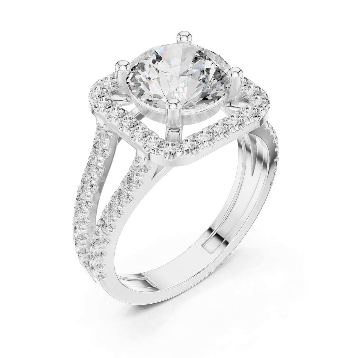 Round Diamond Cushion Halo Engagement Ring with Split Shank Pavé Wrap