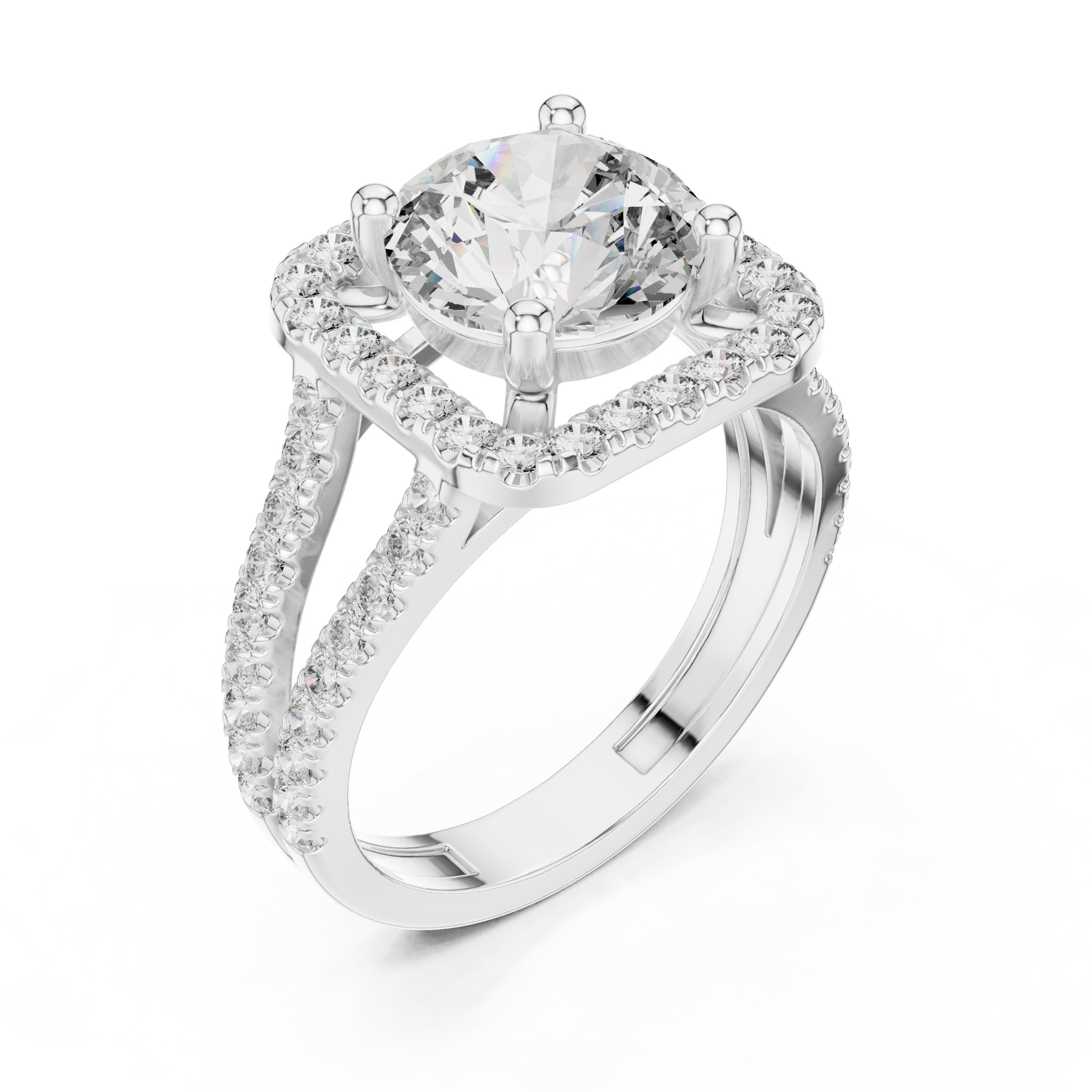 Round Diamond Cushion Halo Engagement Ring with Split Shank Pavé Wrap in White Gold - VYKA Diamonds