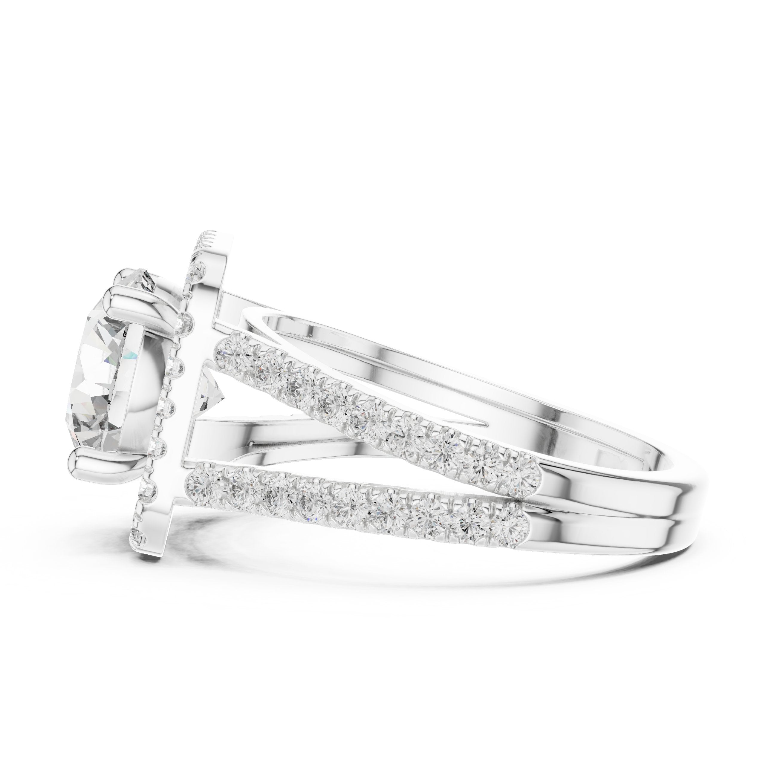 Round Diamond Cushion Halo Engagement Ring with Split Shank Pavé Wrap in White Gold - VYKA Diamonds