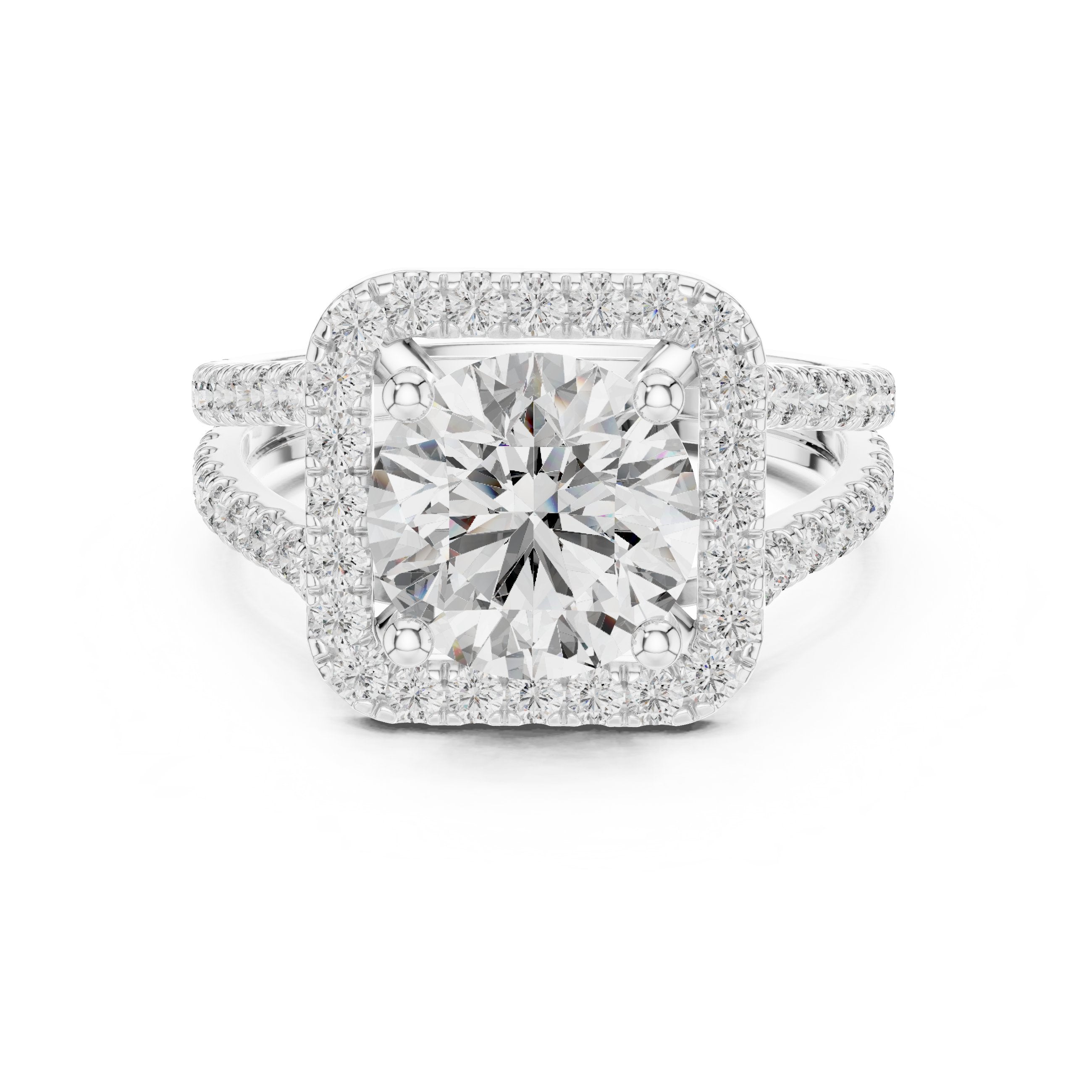 Round Diamond Cushion Halo Engagement Ring with Split Shank Pavé Wrap in White Gold - VYKA Diamonds