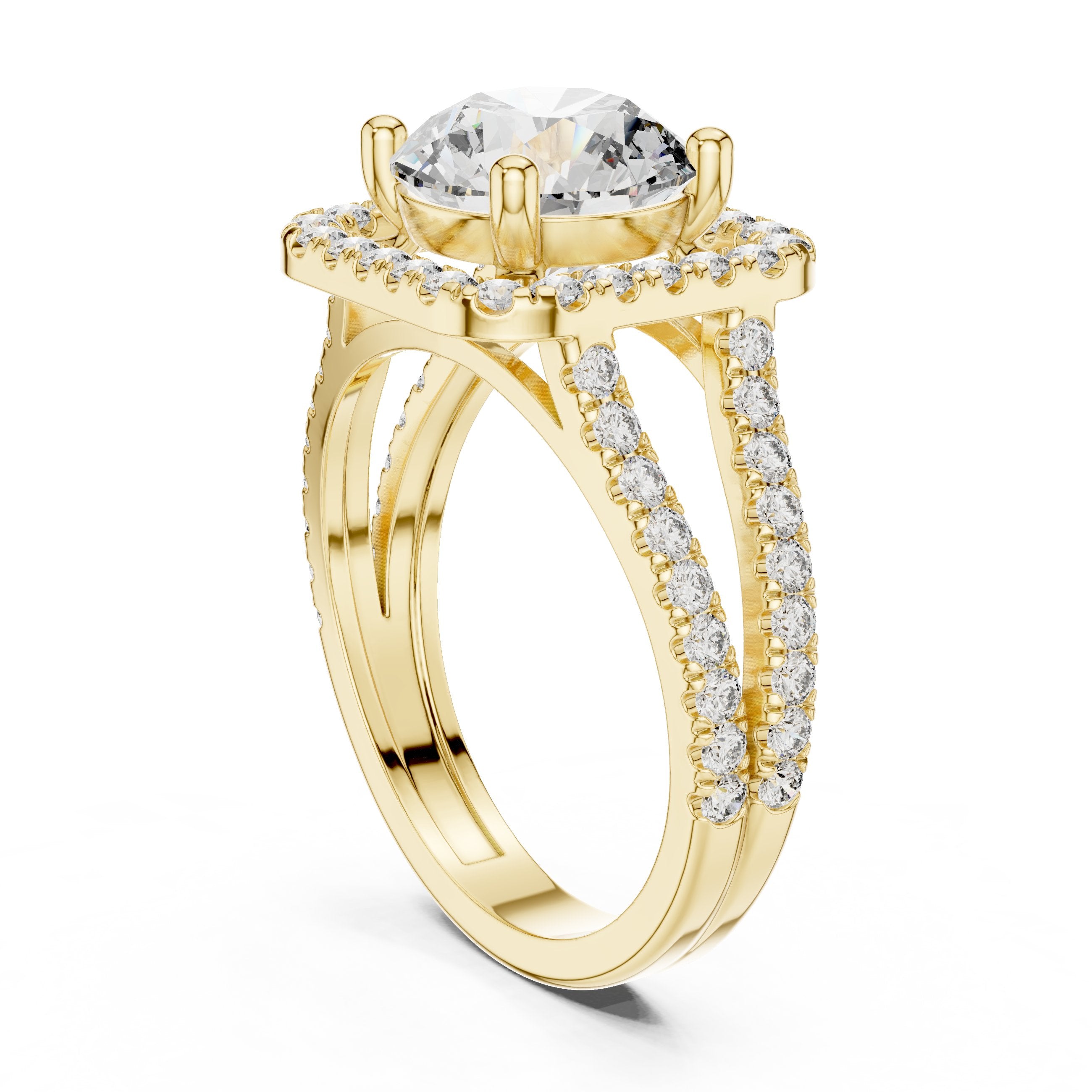 Round Diamond Cushion Halo Engagement Ring with Split Shank Pavé Wrap in Yellow Gold - VYKA Diamonds