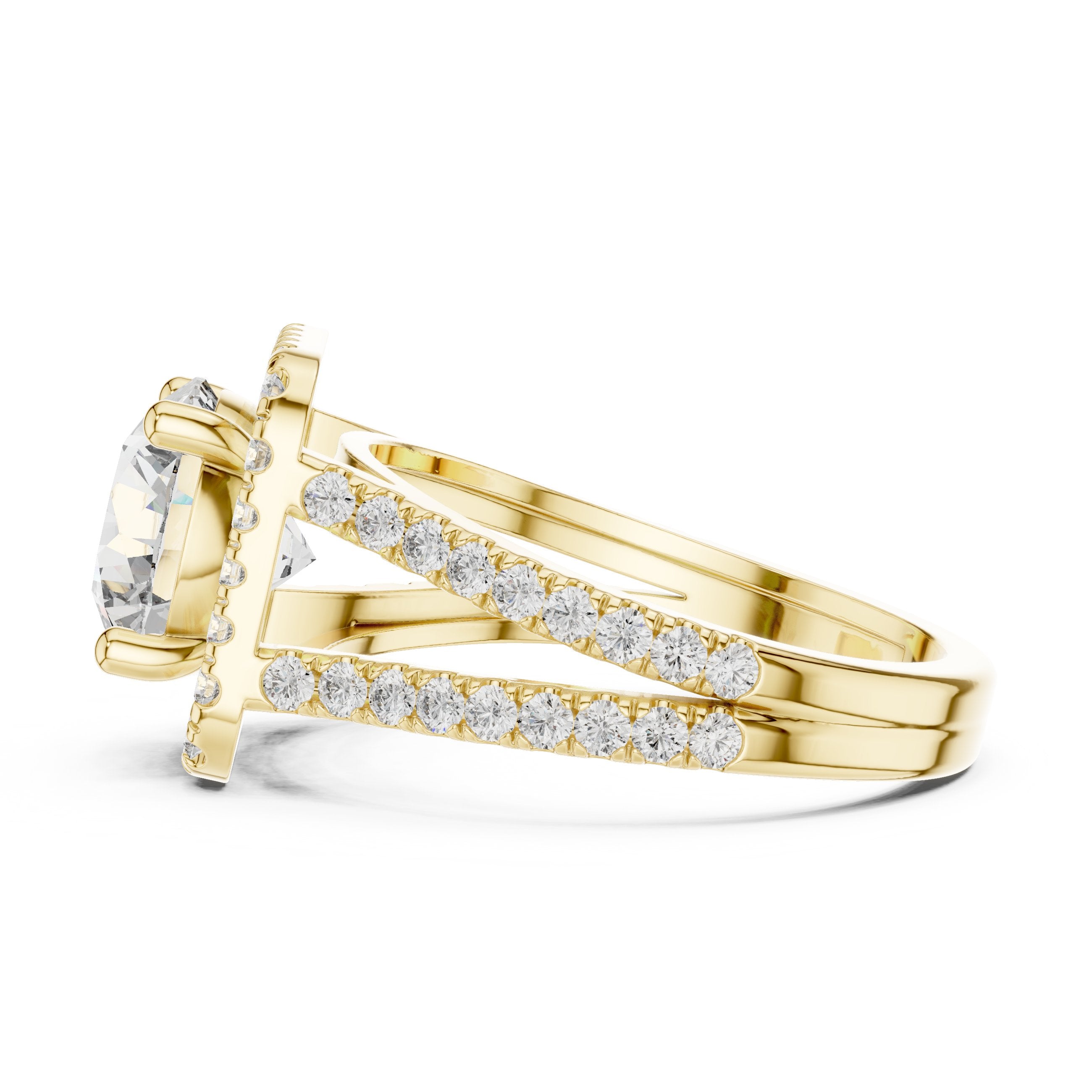 Round Diamond Cushion Halo Engagement Ring with Split Shank Pavé Wrap in Yellow Gold - VYKA Diamonds
