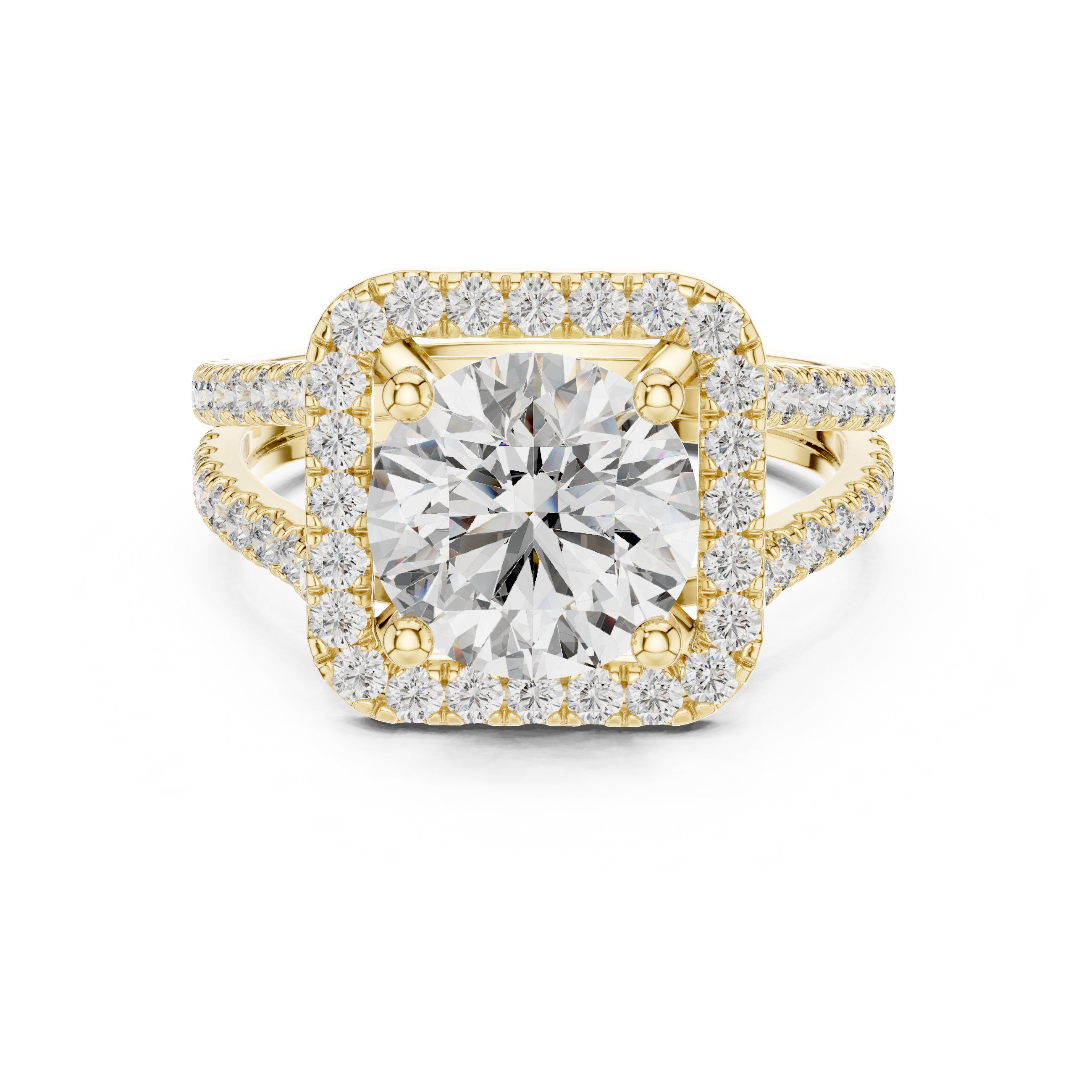 Round Diamond Cushion Halo Engagement Ring with Split Shank Pavé Wrap in Yellow Gold - VYKA Diamonds