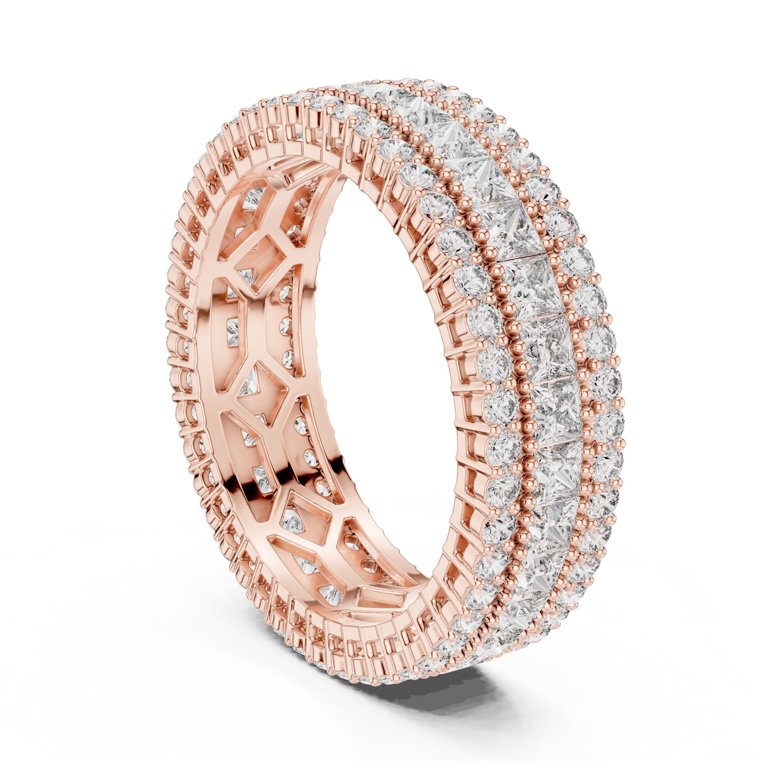 Round and Princess Diamond Wide Triple Row Anniversary Band in Rose Gold - VYKA Diamonds