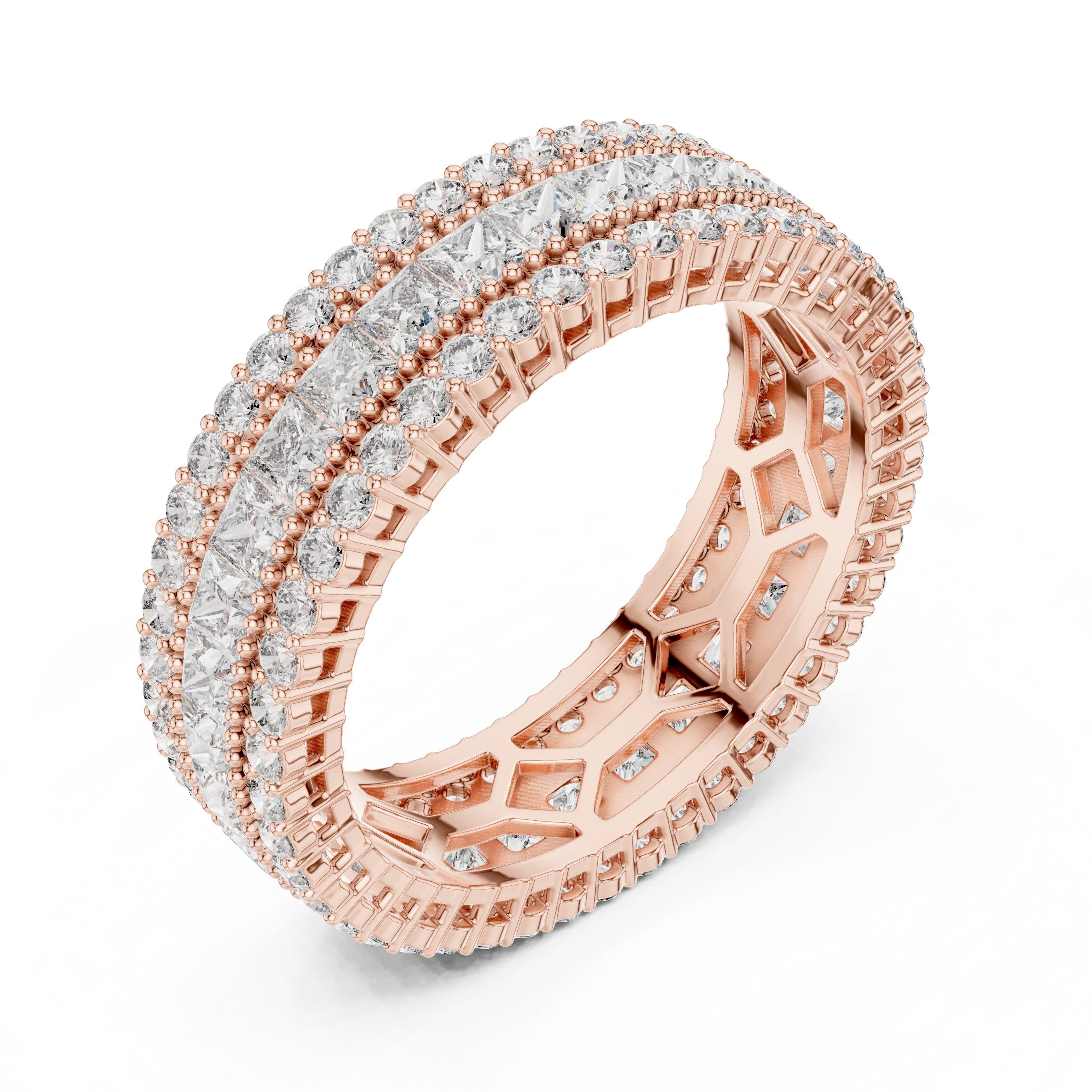 Round and Princess Diamond Wide Triple Row Anniversary Band in Rose Gold - VYKA Diamonds