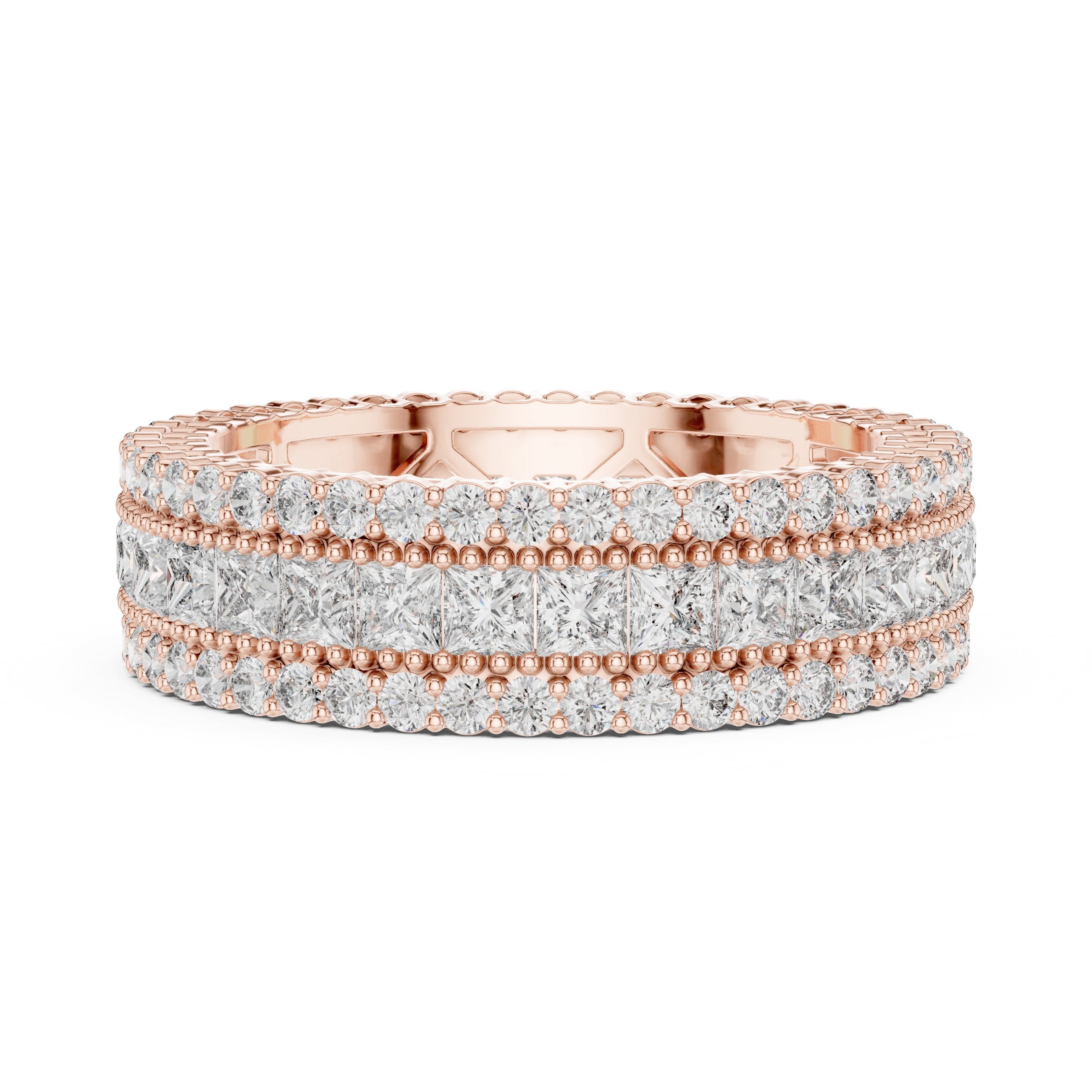 Round and Princess Diamond Wide Triple Row Anniversary Band in Rose Gold - VYKA Diamonds