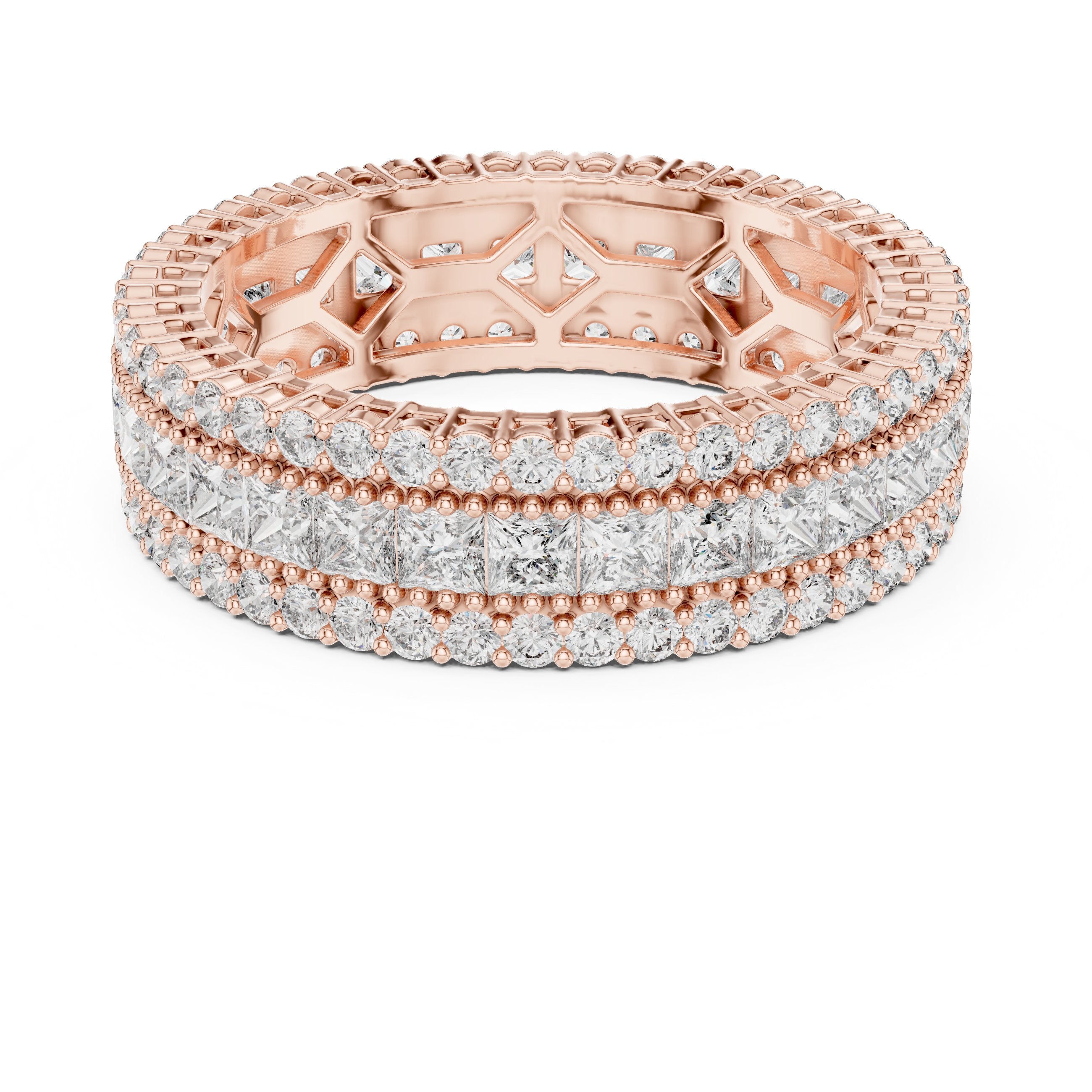 Round and Princess Diamond Wide Triple Row Anniversary Band in Rose Gold - VYKA Diamonds
