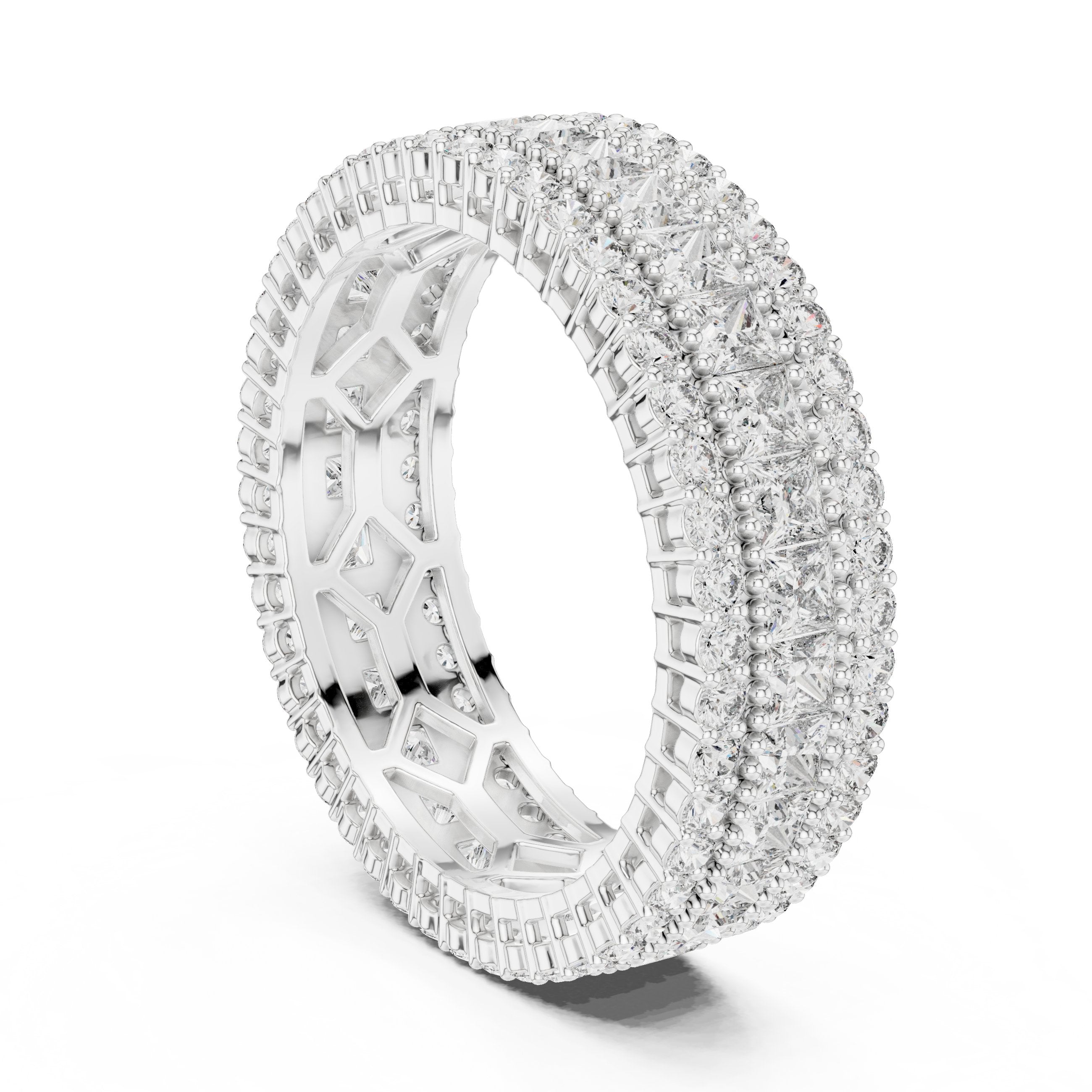 Round and Princess Diamond Wide Triple Row Anniversary Band in White Gold - VYKA Diamonds
