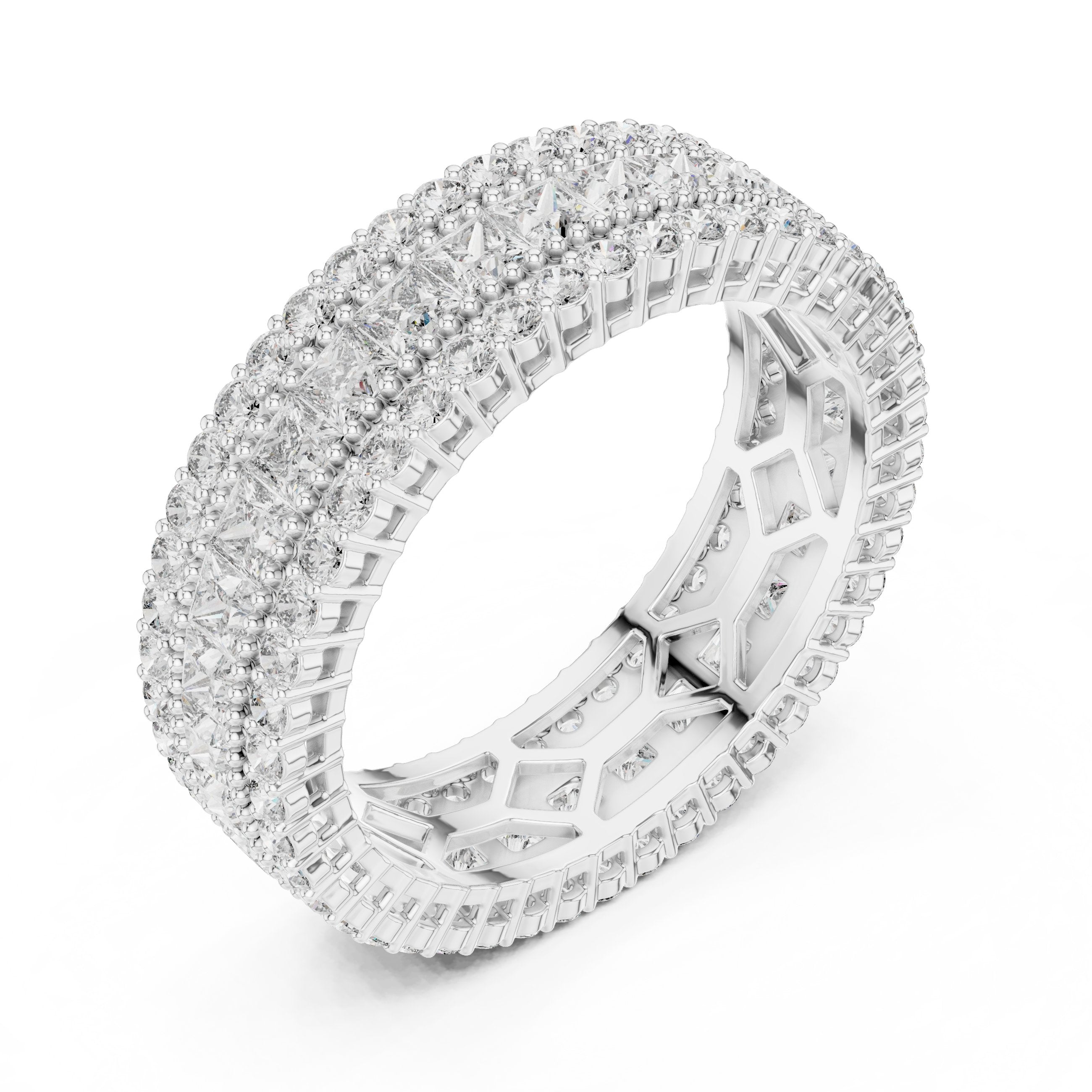 Round and Princess Diamond Wide Triple Row Anniversary Band in White Gold - VYKA Diamonds