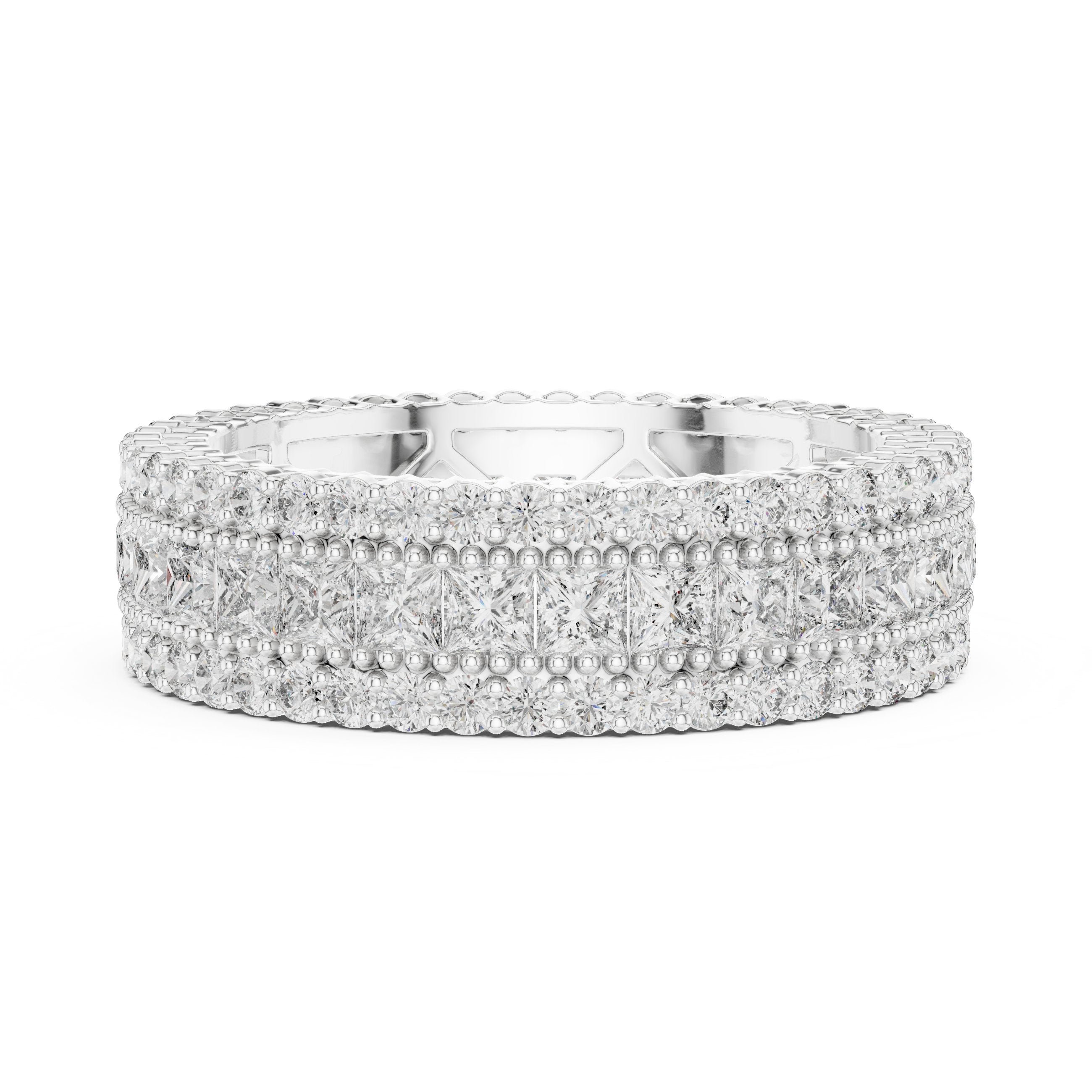 Round and Princess Diamond Wide Triple Row Anniversary Band in White Gold - VYKA Diamonds