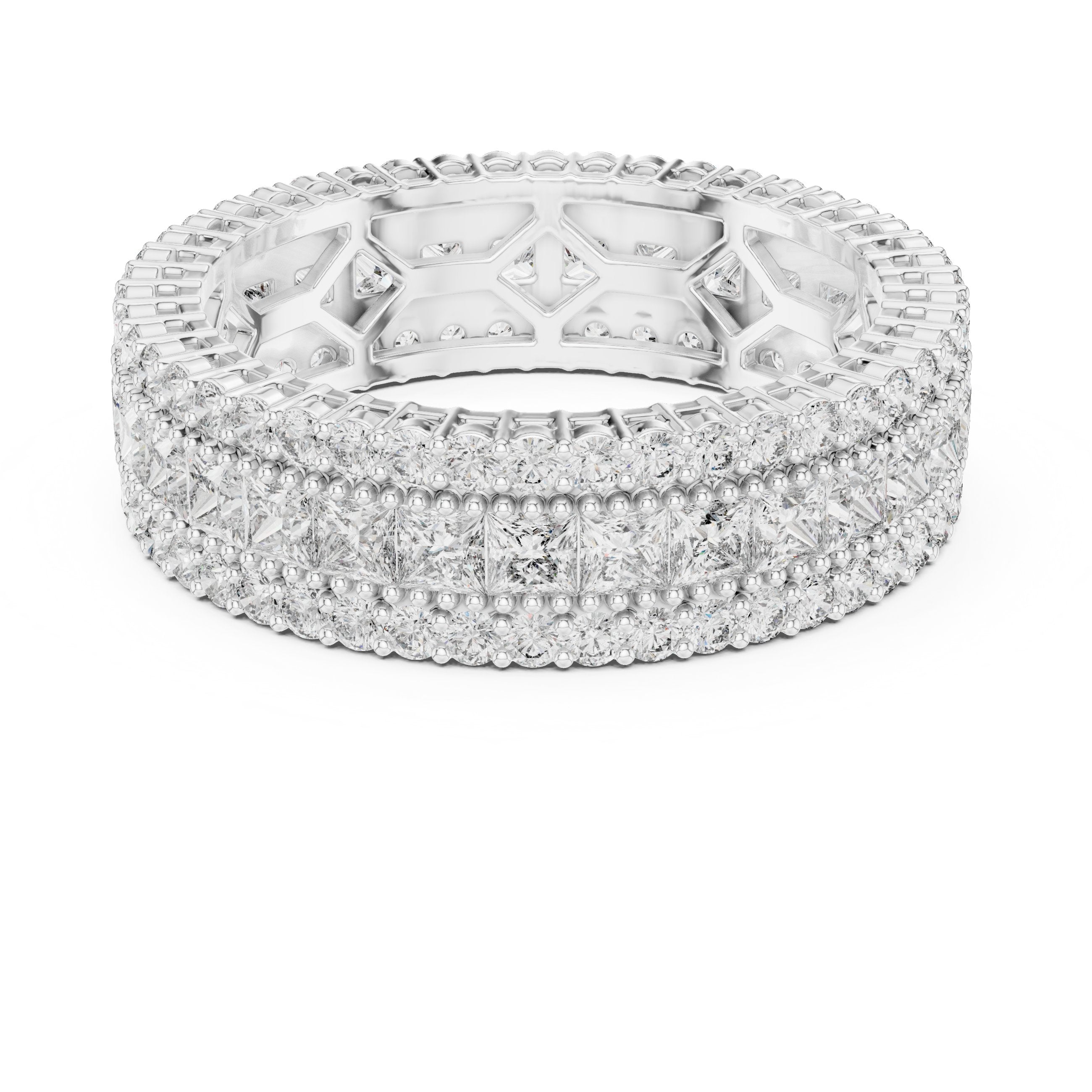 Round and Princess Diamond Wide Triple Row Anniversary Band in White Gold - VYKA Diamonds