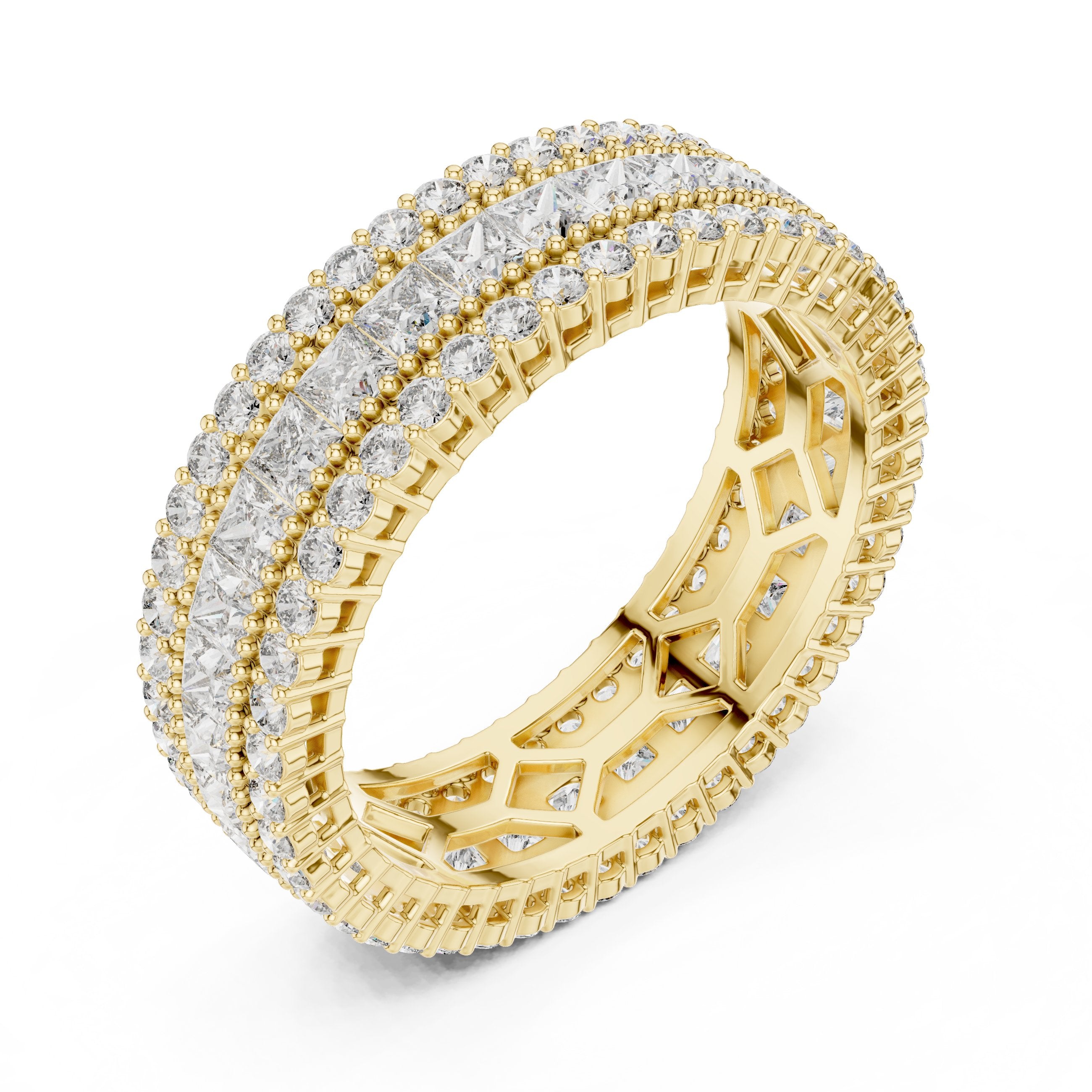 Round and Princess Diamond Wide Triple Row Anniversary Band in Yellow Gold - VYKA Diamonds