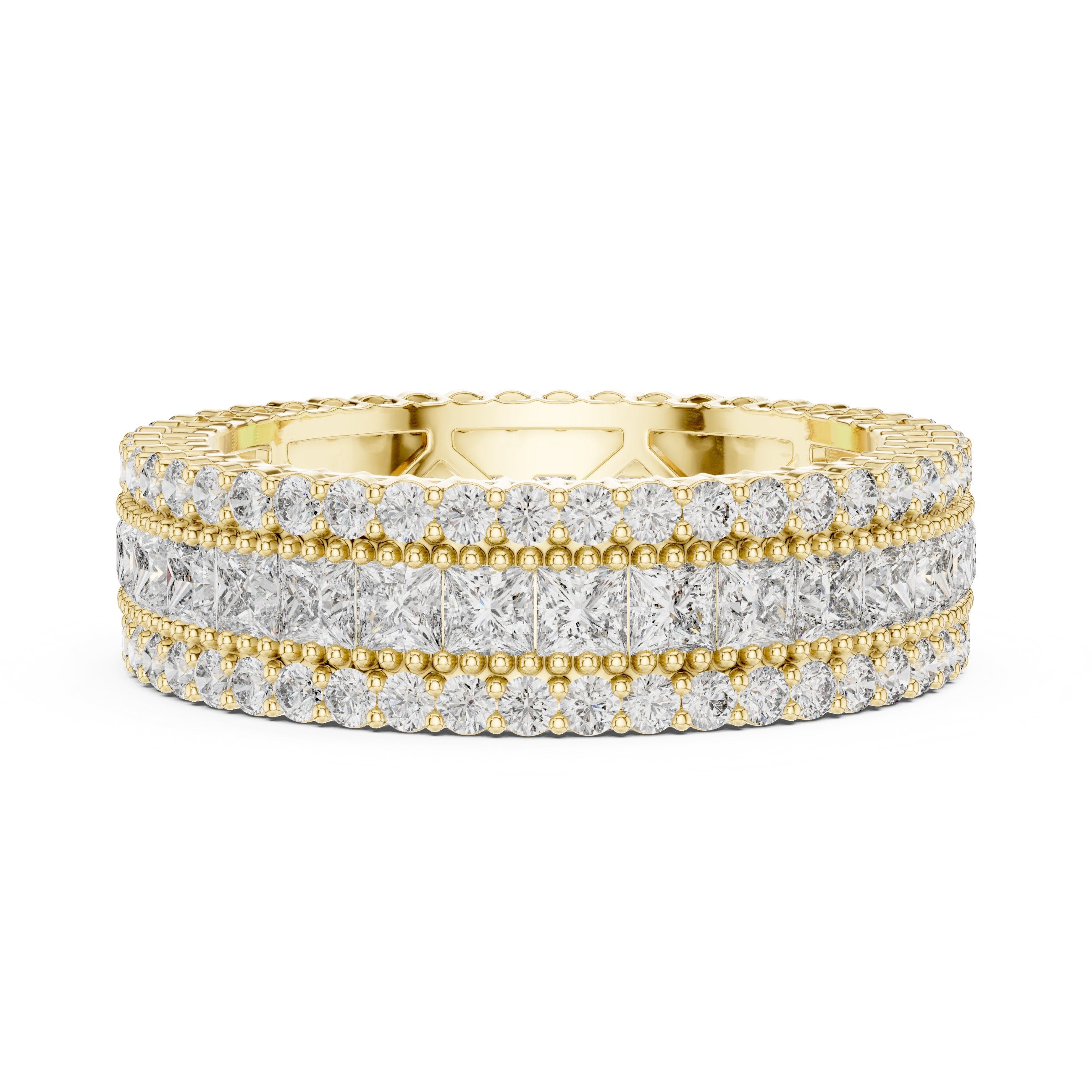 Round and Princess Diamond Wide Triple Row Anniversary Band in Yellow Gold - VYKA Diamonds