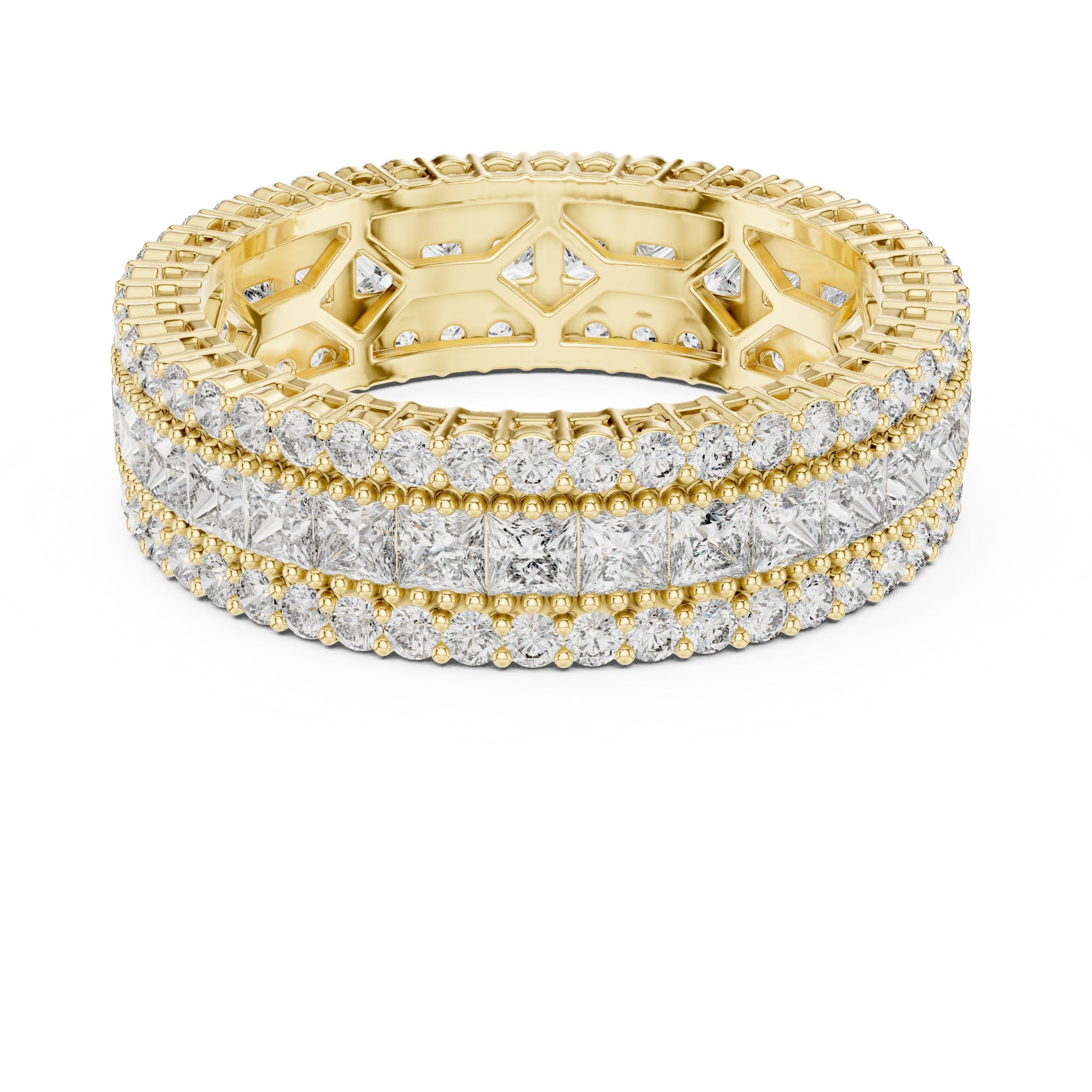 Round and Princess Diamond Wide Triple Row Anniversary Band in Yellow Gold - VYKA Diamonds