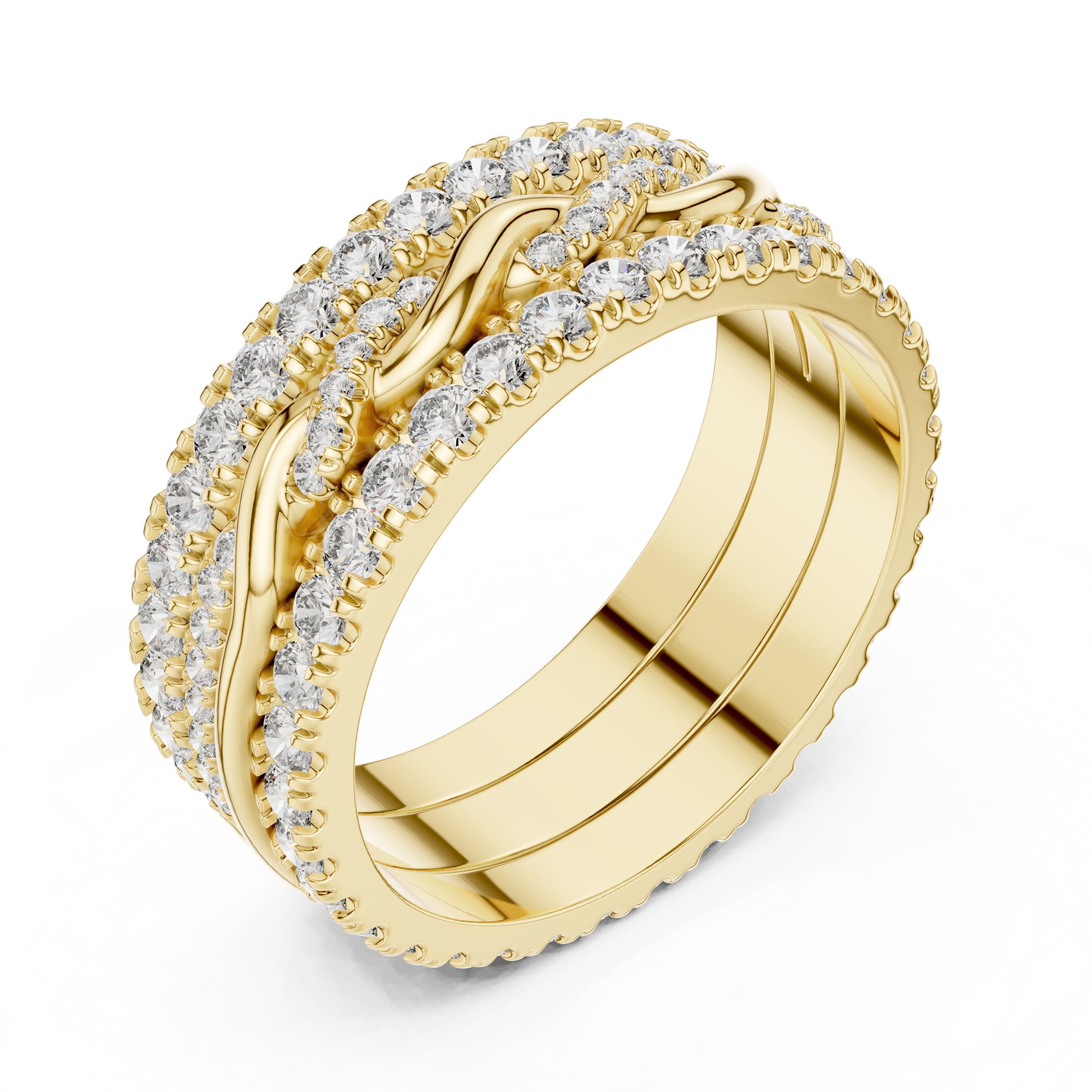 Round Diamond Triple Row Twisted Eternity Band in Yellow Gold - VYKA Diamonds