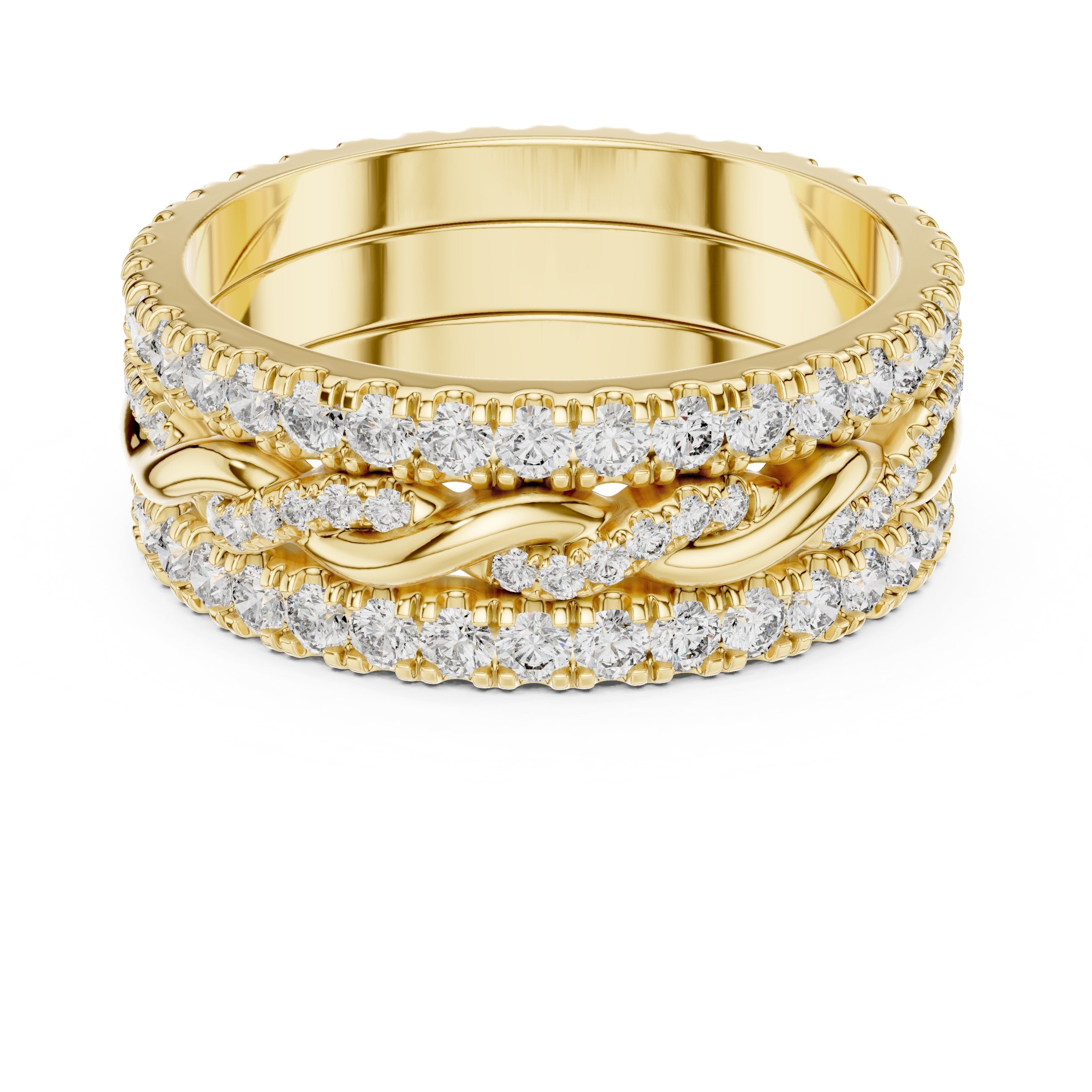 Round Diamond Triple Row Twisted Eternity Band in Yellow Gold - VYKA Diamonds