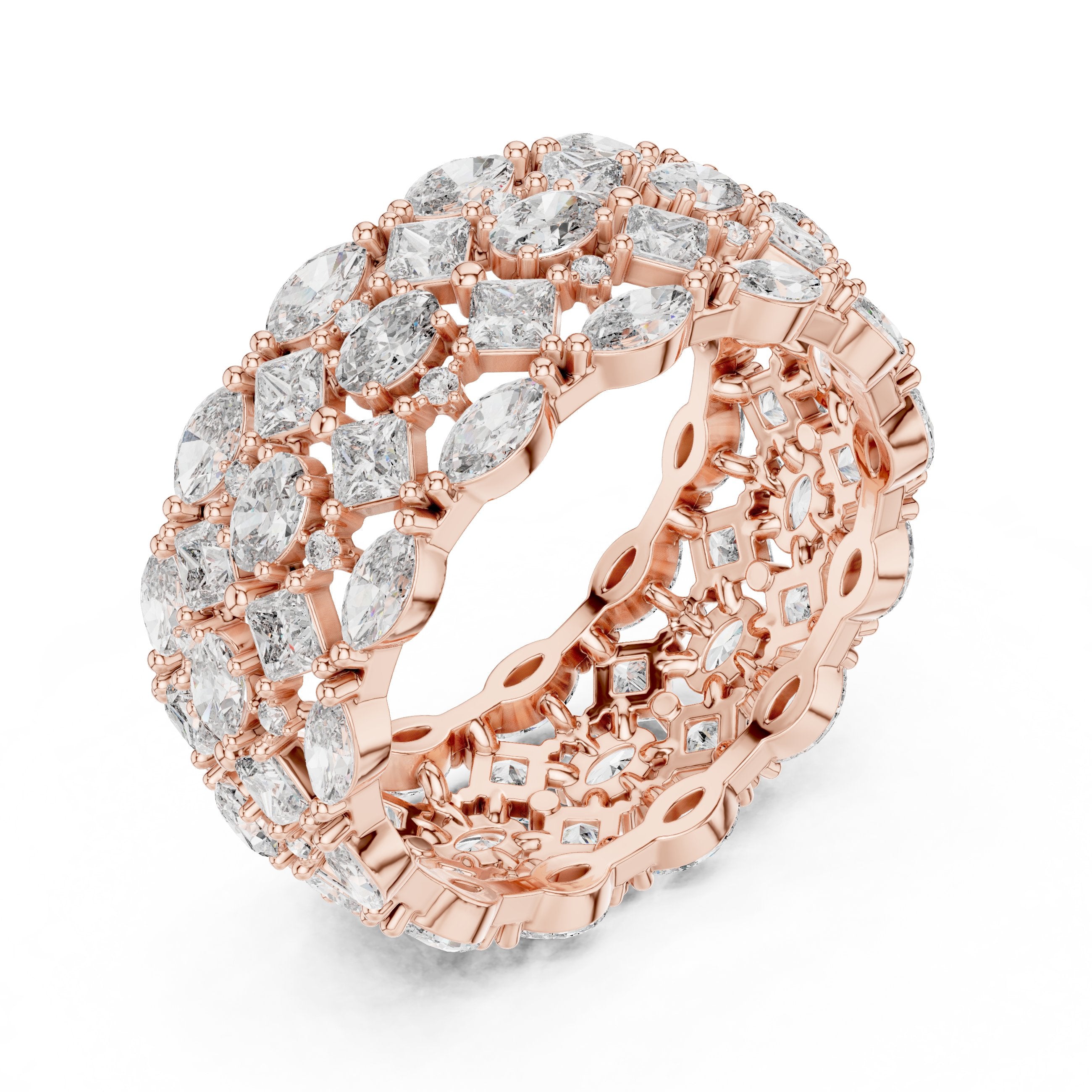 Mixed Shape Diamond Wide Multi-Row Anniversary Band in Rose Gold - VYKA Diamonds