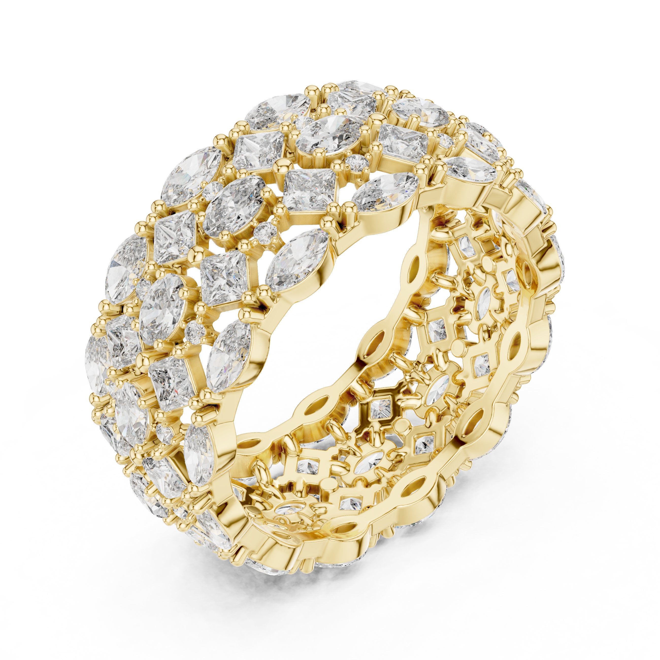 Mixed Shape Diamond Wide Multi-Row Anniversary Band in Yellow Gold - VYKA Diamonds