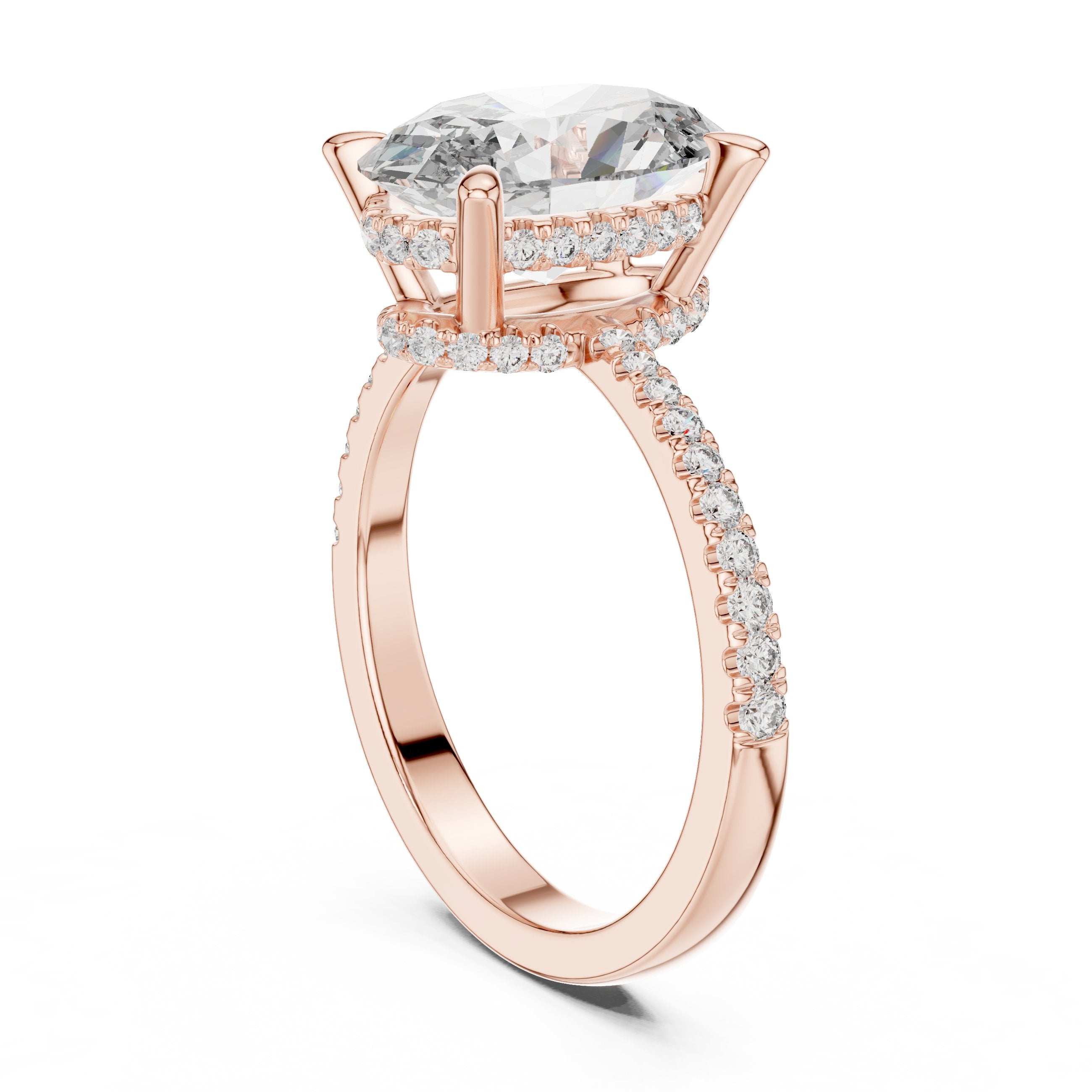 Oval Diamond Hidden Halo Engagement Ring with Pavé Band in Rose Gold - VYKA Diamonds