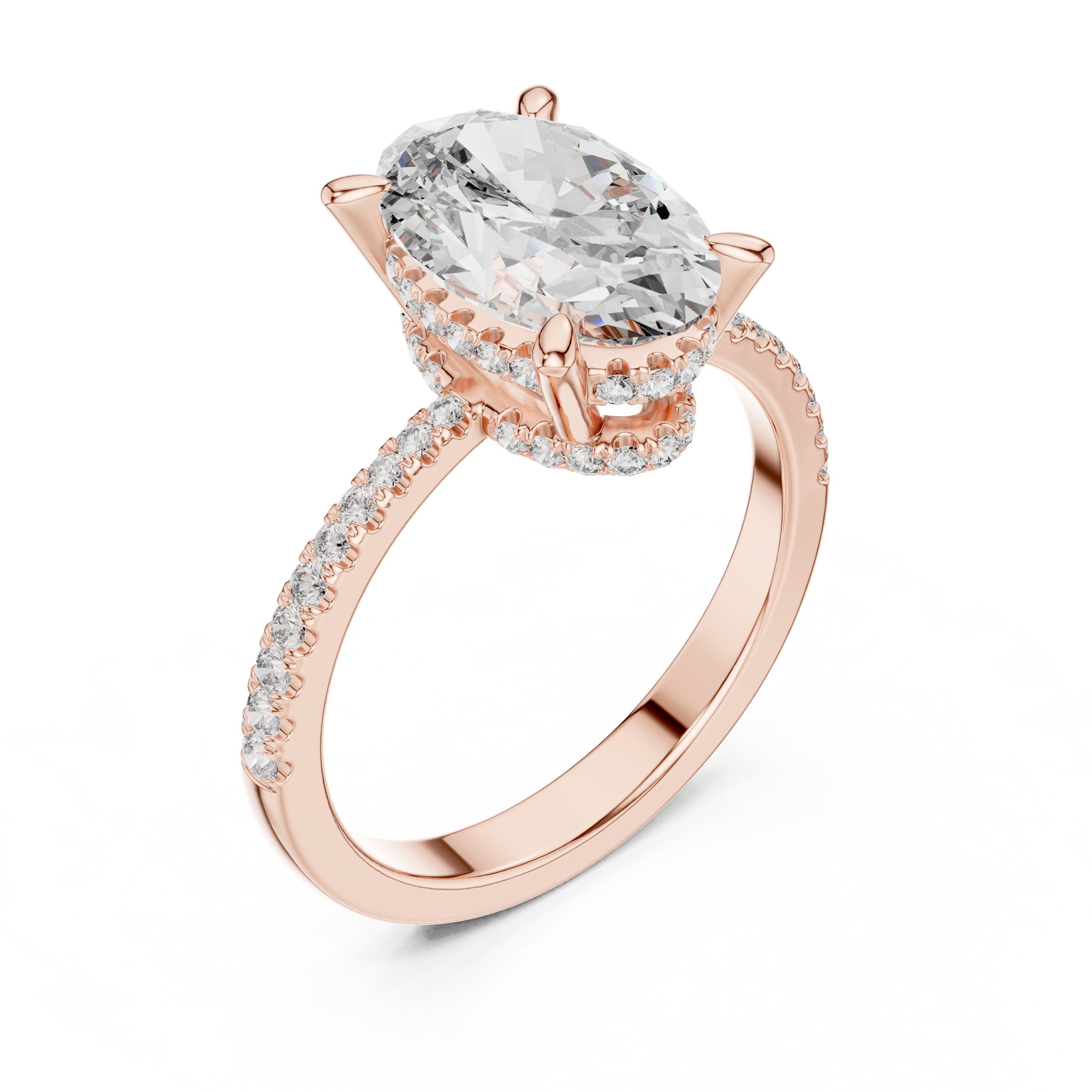 Oval Diamond Hidden Halo Engagement Ring with Pavé Band in Rose Gold - VYKA Diamonds