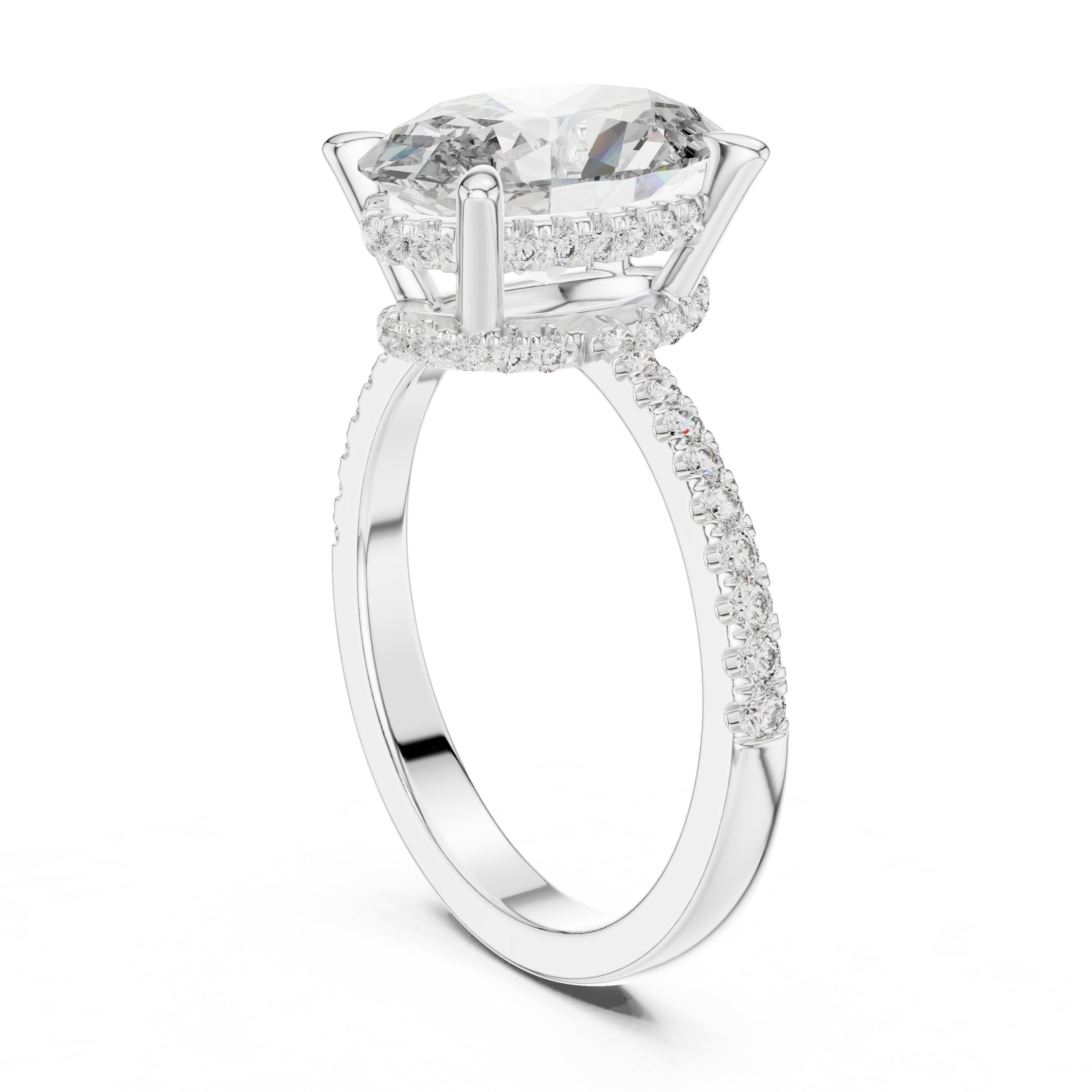 Oval Diamond Hidden Halo Engagement Ring with Pavé Band in White Gold - VYKA Diamonds