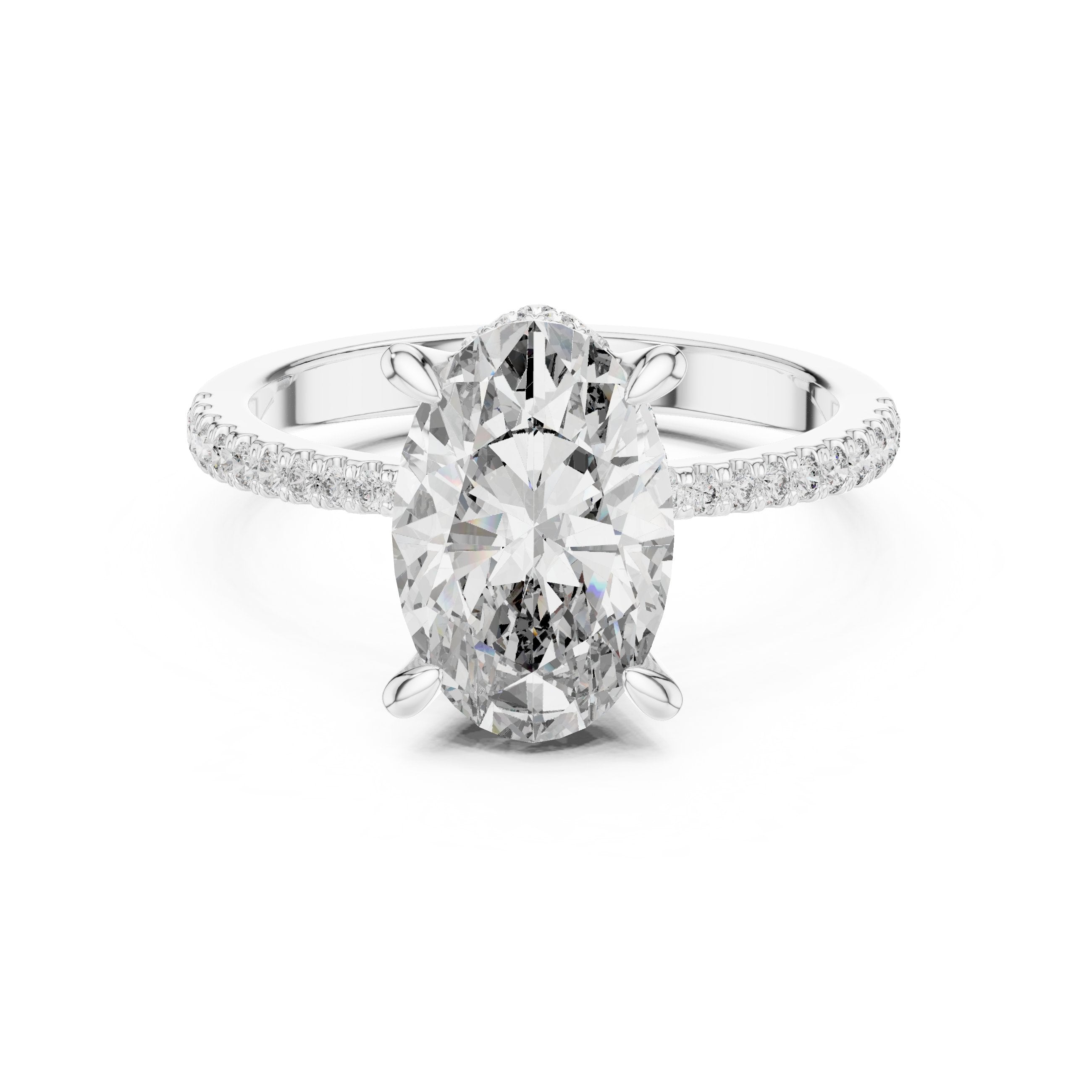 Oval Diamond Hidden Halo Engagement Ring with Pavé Band in White Gold - VYKA Diamonds