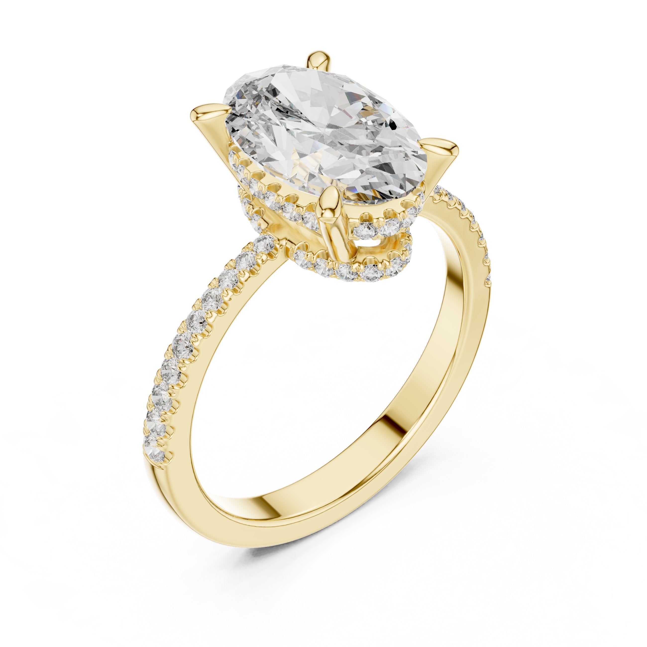 Oval Diamond Hidden Halo Engagement Ring with Pavé Band in Yellow Gold - VYKA Diamonds