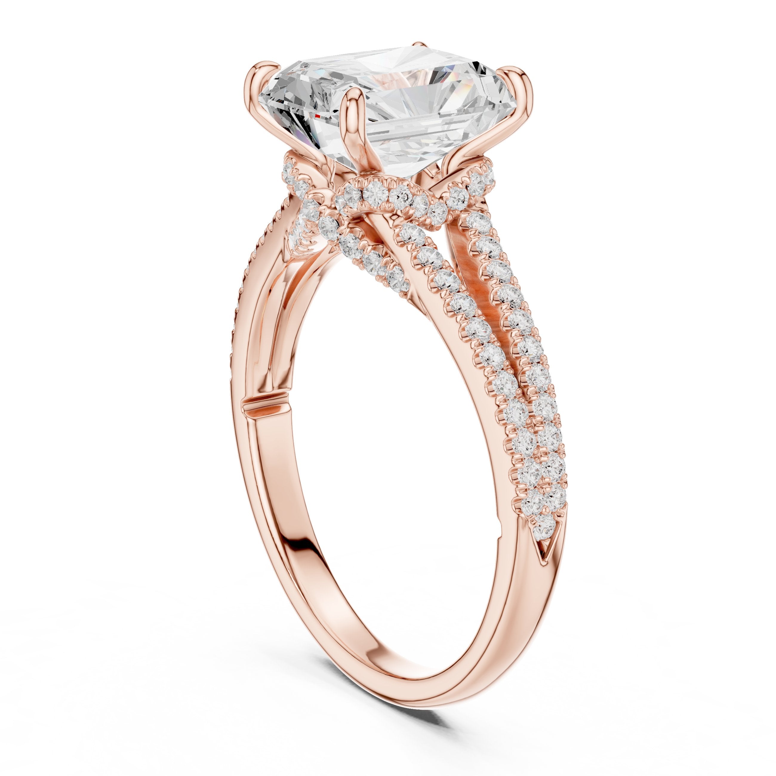 Radiant Cut Engagement Ring with Split Shank Pavé Band in Rose Gold - VYKA Diamonds