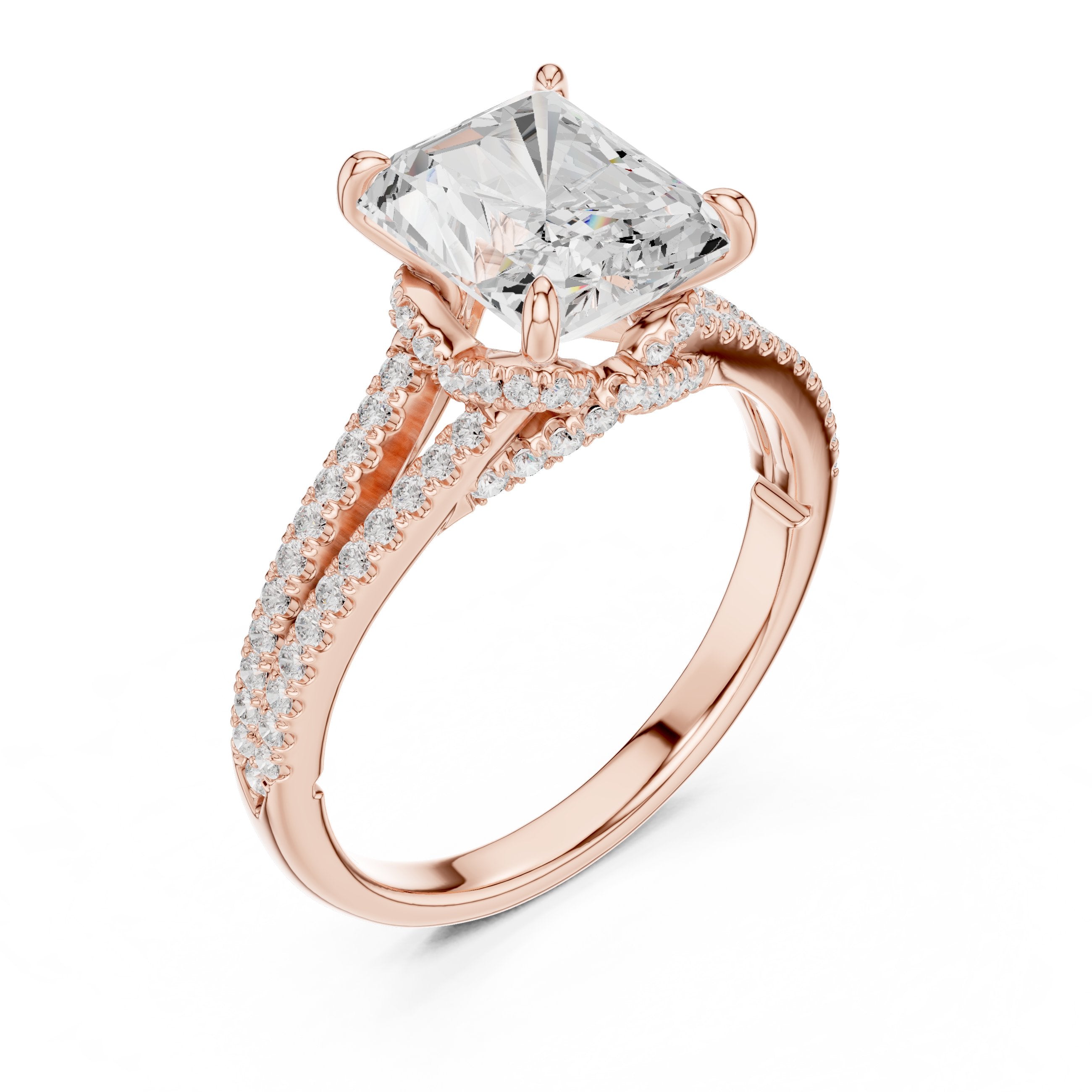 Radiant Cut Engagement Ring with Split Shank Pavé Band in Rose Gold - VYKA Diamonds