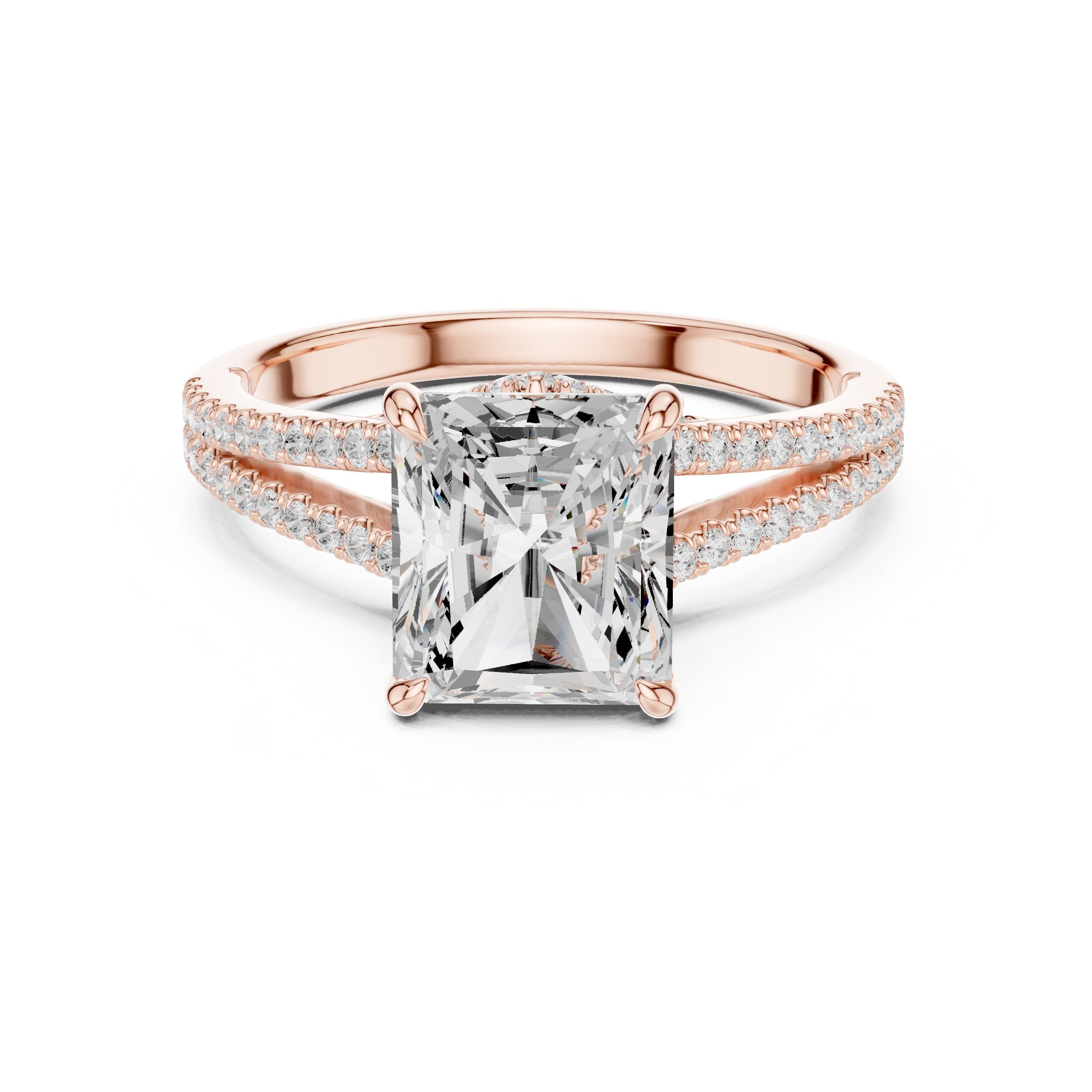 Radiant Cut Engagement Ring with Split Shank Pavé Band in Rose Gold - VYKA Diamonds