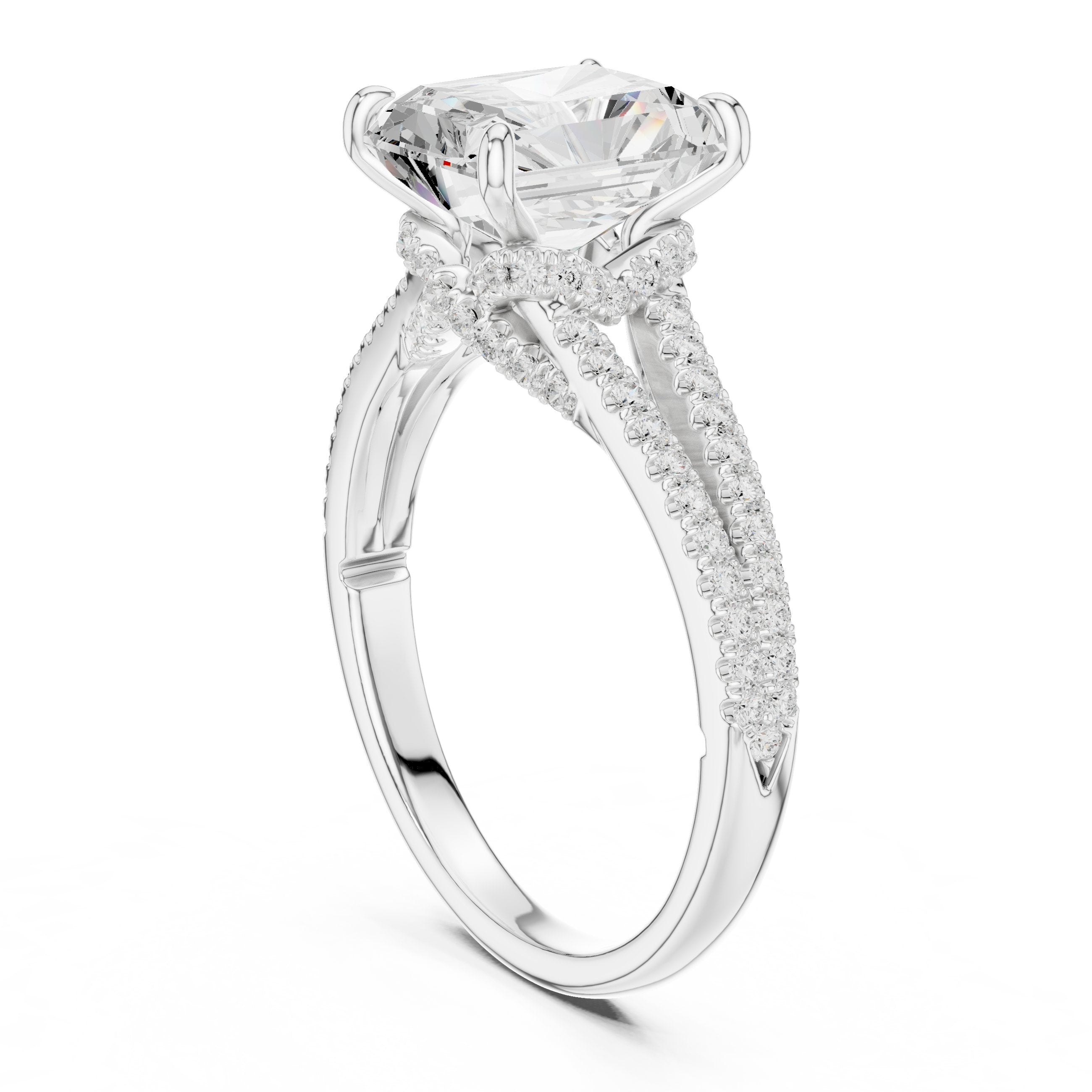 Radiant Cut Engagement Ring with Split Shank Pavé Band in White Gold - VYKA Diamonds