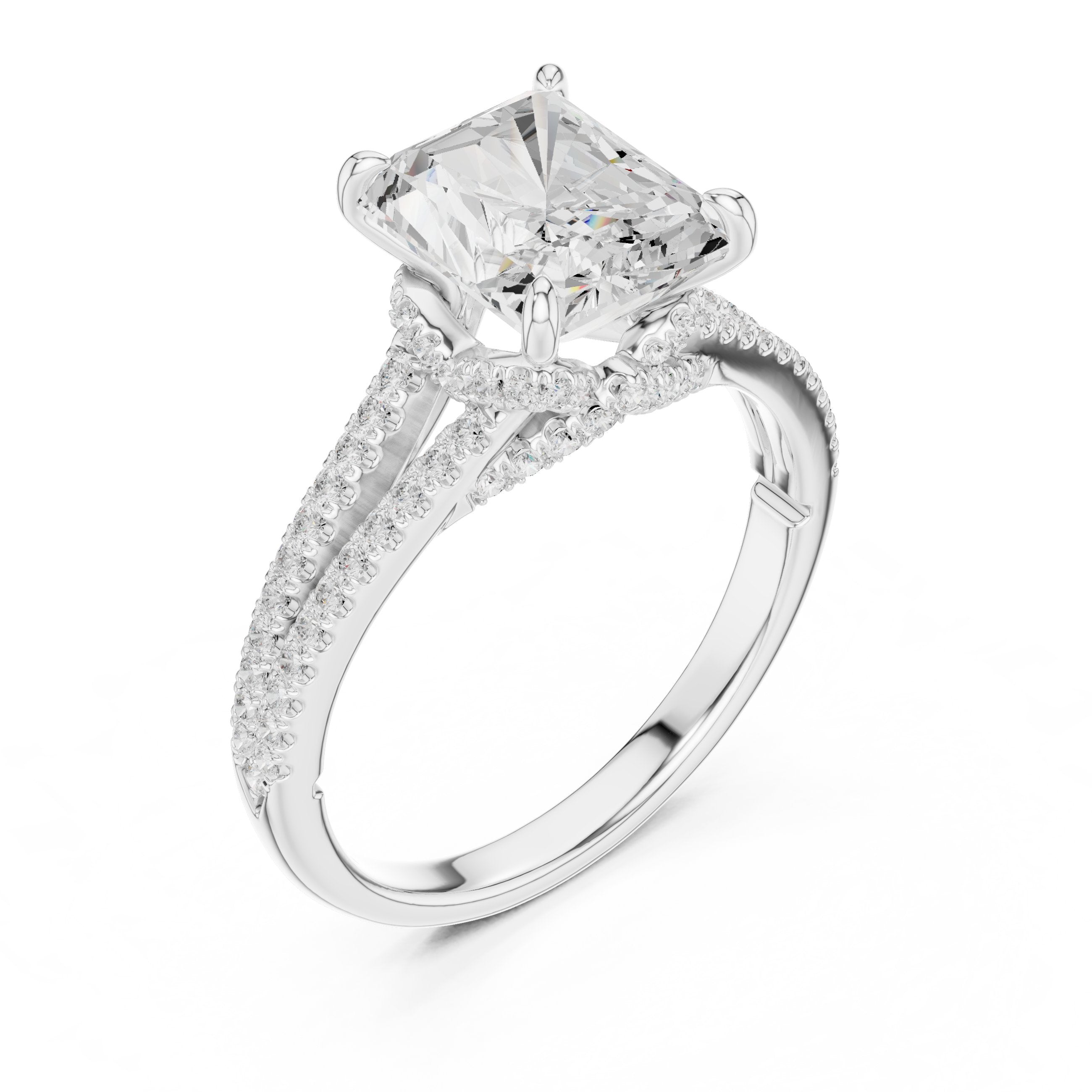 Radiant Cut Engagement Ring with Split Shank Pavé Band in White Gold - VYKA Diamonds