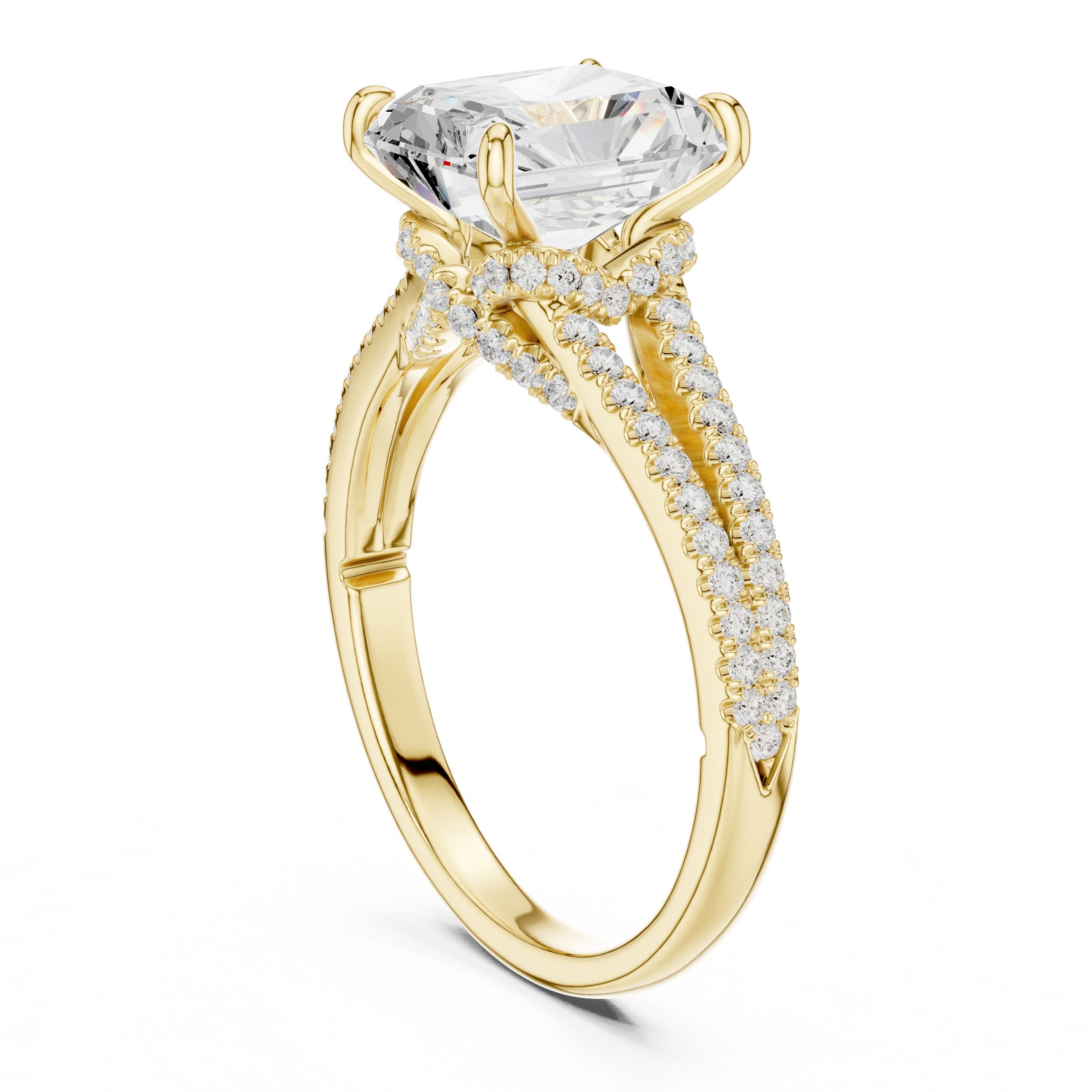 Radiant Cut Engagement Ring with Split Shank Pavé Band in Yellow Gold - VYKA Diamonds