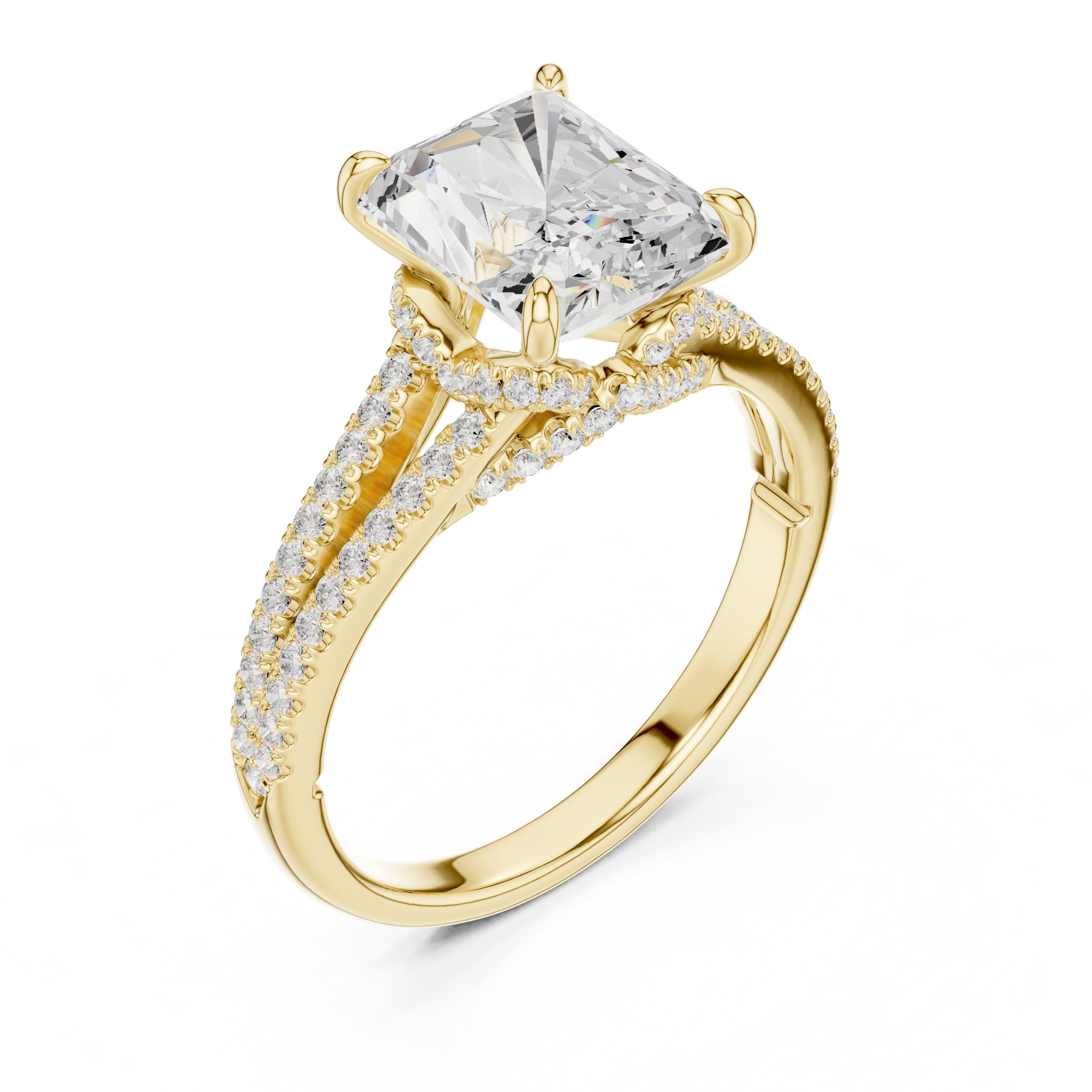Radiant Cut Engagement Ring with Split Shank Pavé Band in Yellow Gold - VYKA Diamonds