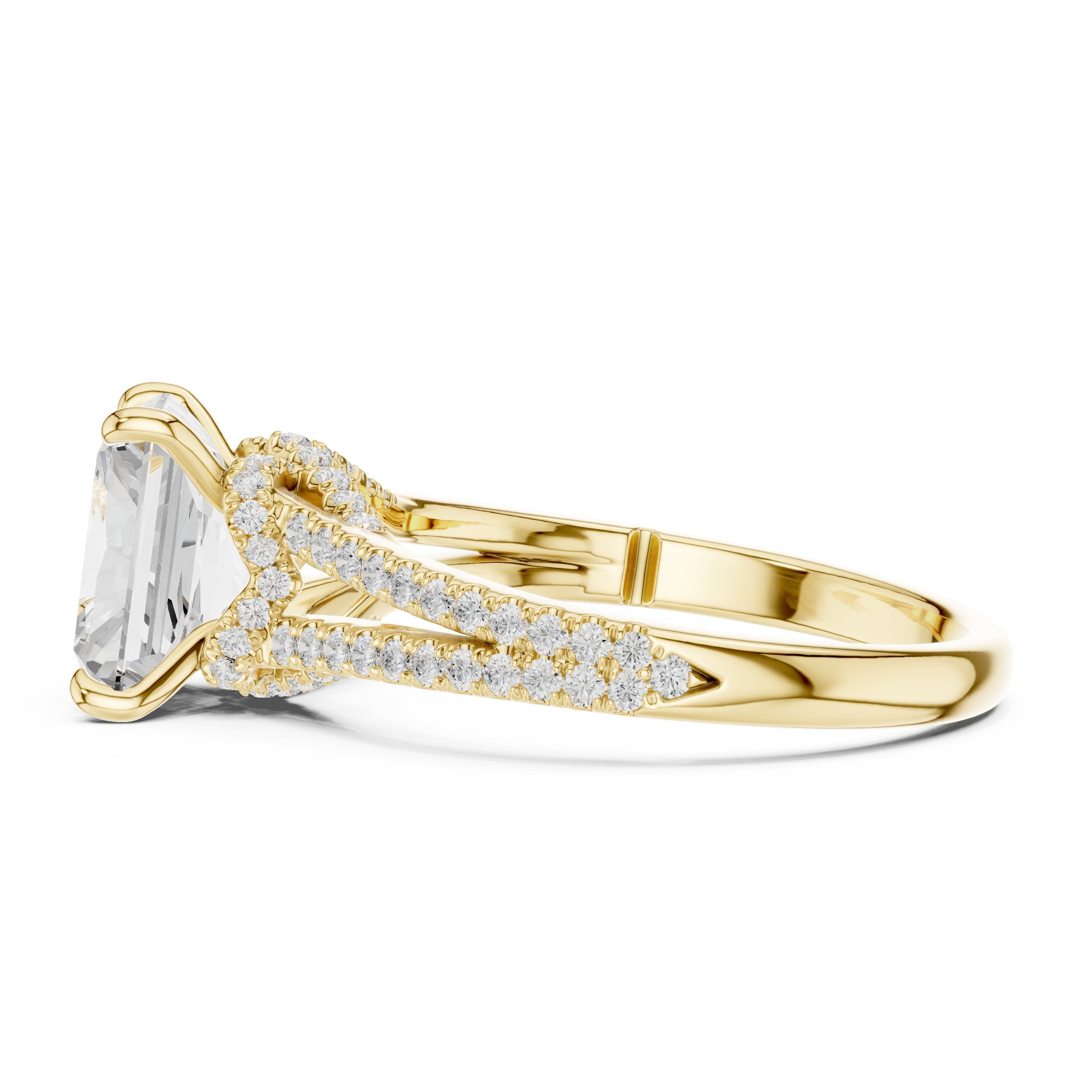 Radiant Cut Engagement Ring with Split Shank Pavé Band in Yellow Gold - VYKA Diamonds