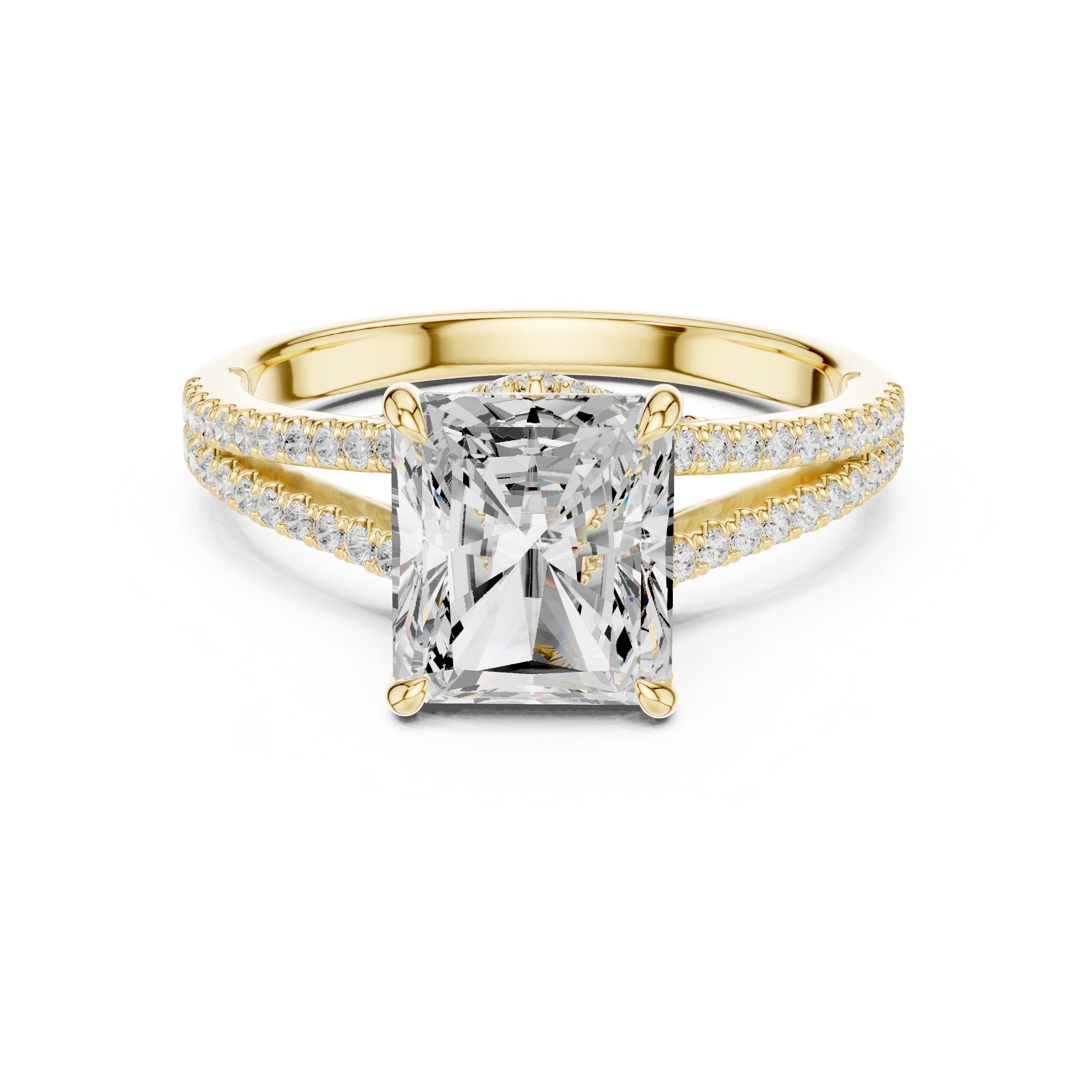 Radiant Cut Engagement Ring with Split Shank Pavé Band in Yellow Gold - VYKA Diamonds