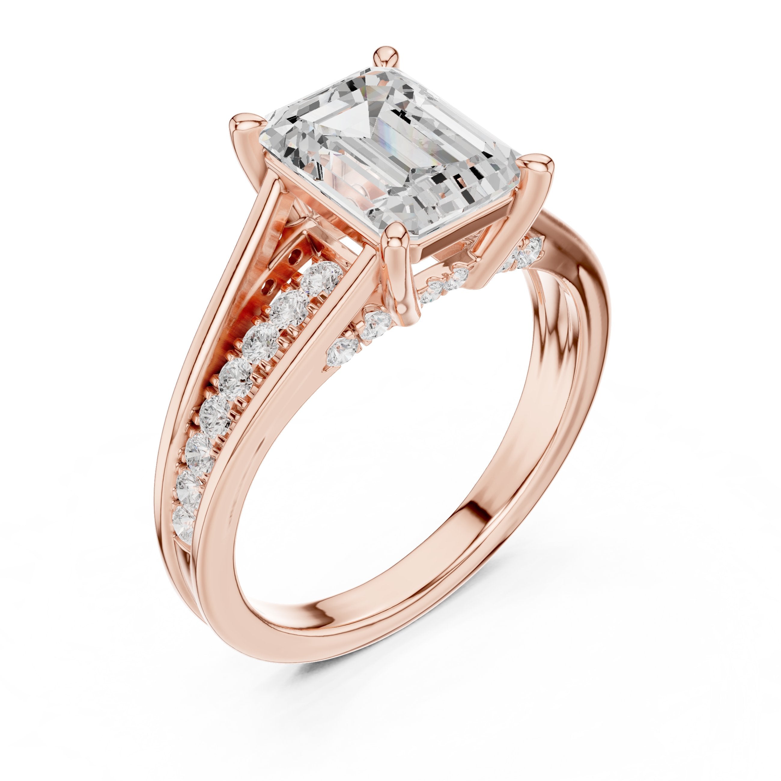 Emerald Cut Engagement Ring with Split Shank Pavé Band in Rose Gold - VYKA Diamonds