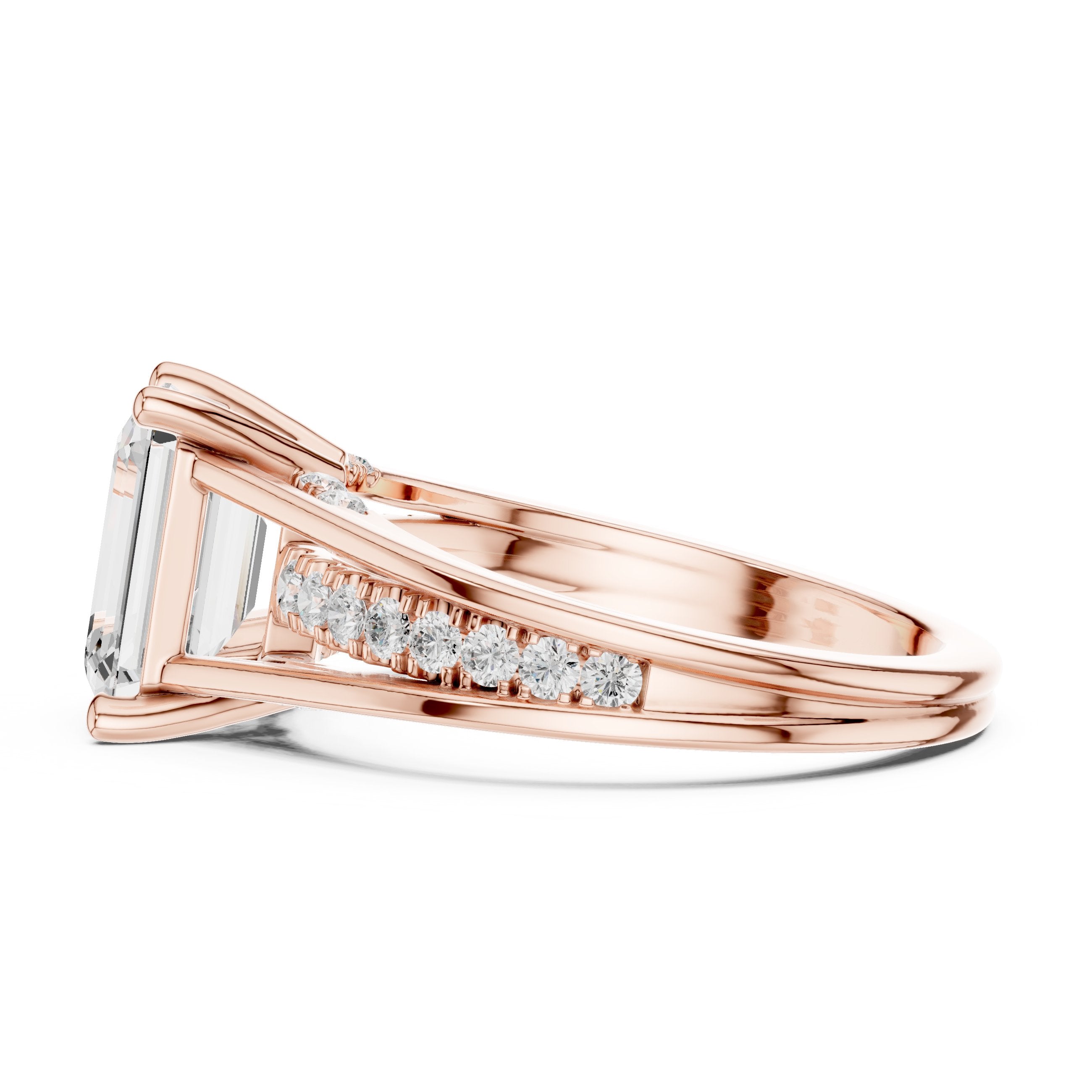 Emerald Cut Engagement Ring with Split Shank Pavé Band in Rose Gold - VYKA Diamonds