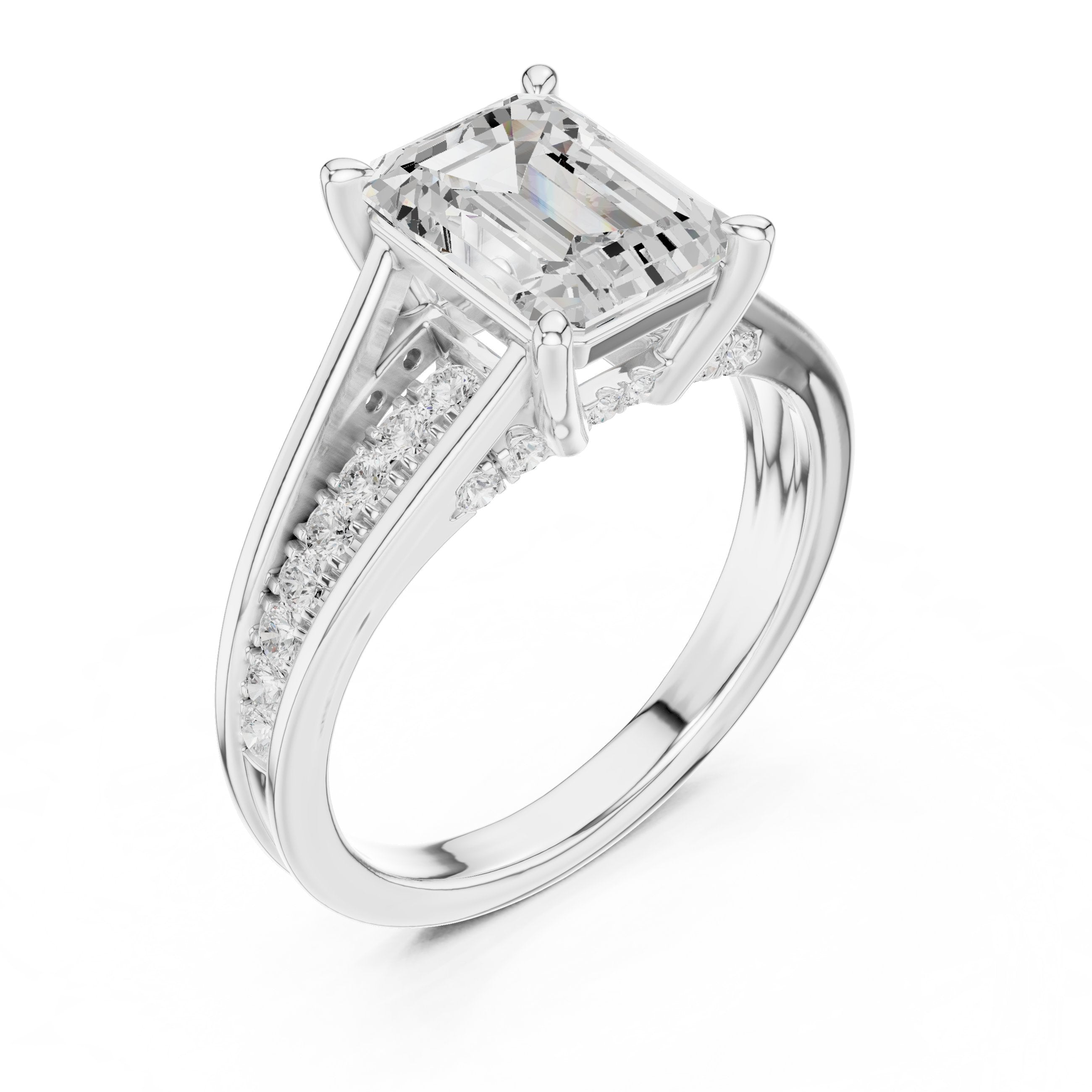 Emerald Cut Engagement Ring with Split Shank Pavé Band in White Gold - VYKA Diamonds