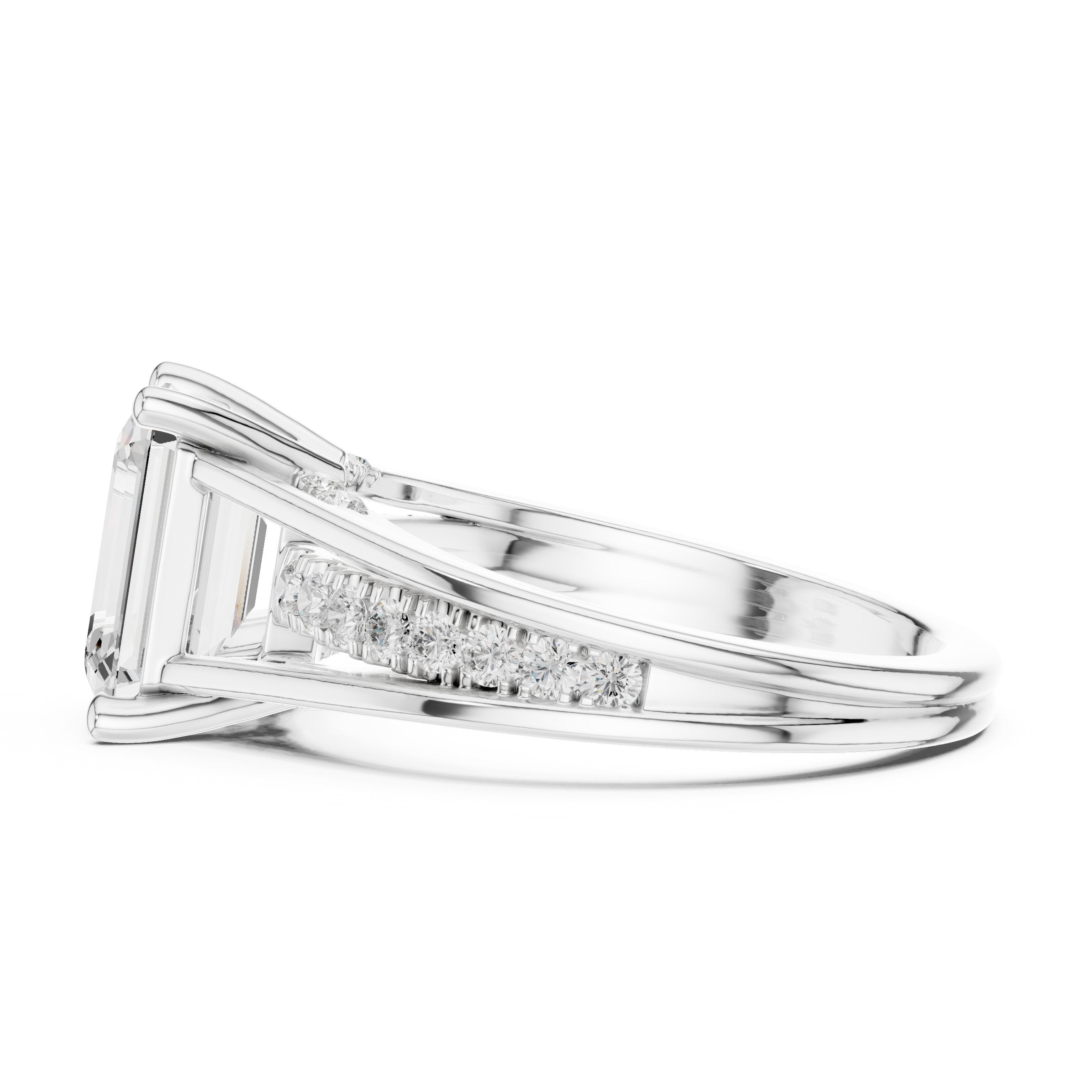 Emerald Cut Engagement Ring with Split Shank Pavé Band in White Gold - VYKA Diamonds